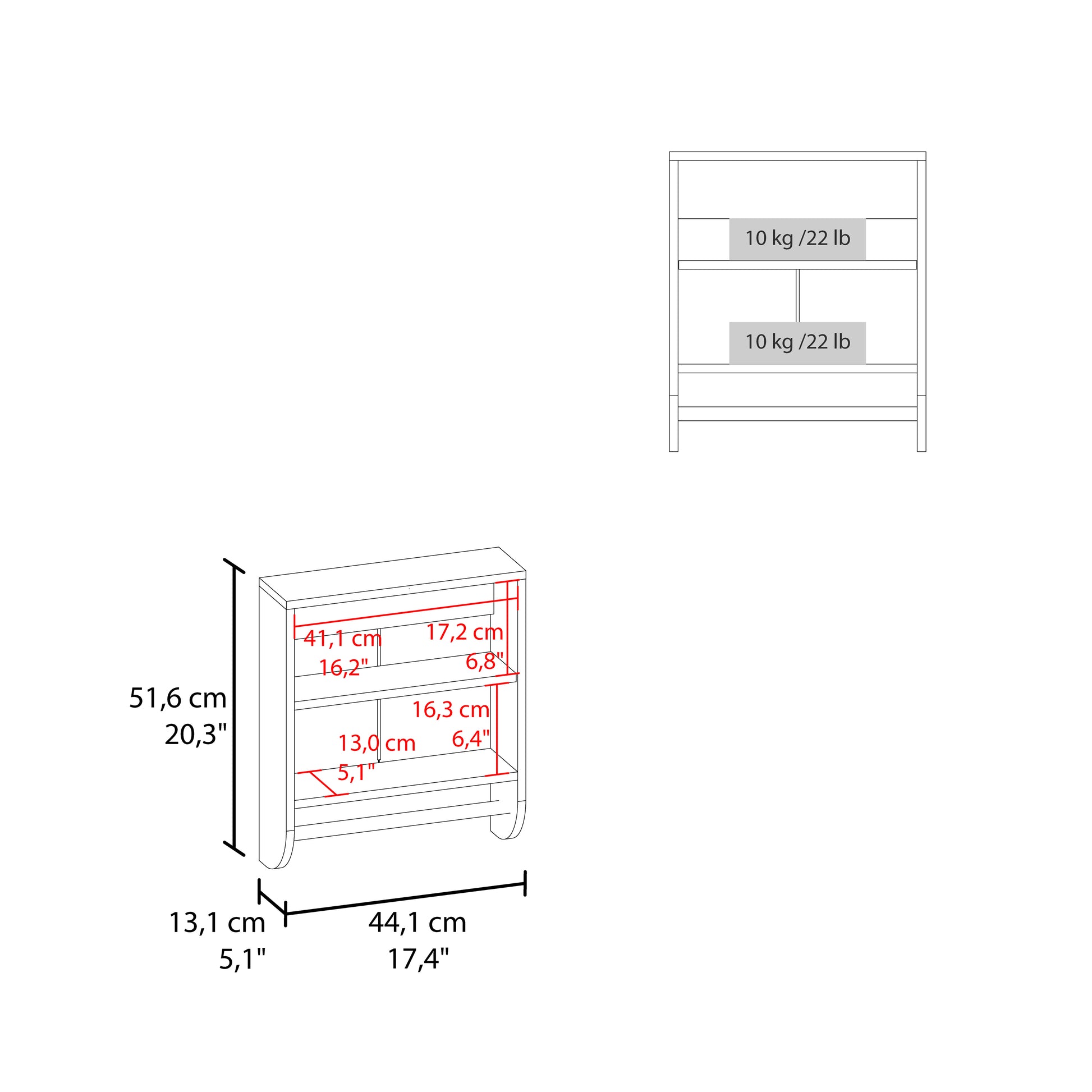 Line drawing of a twoshelf bookcase with dimensions  cm height  cm width
