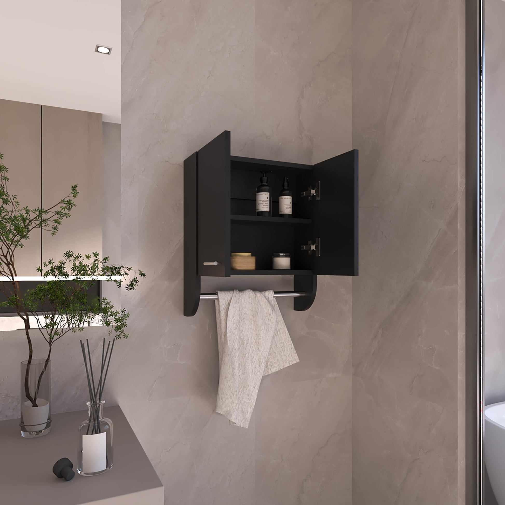 Compact black medicine cabinet with open doors two shelves and towel bar