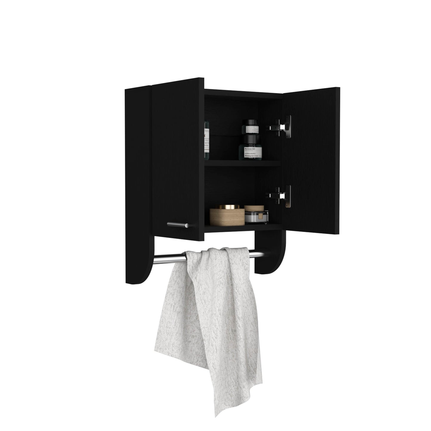 Black minimalist bathroom medicine cabinet with towel bar