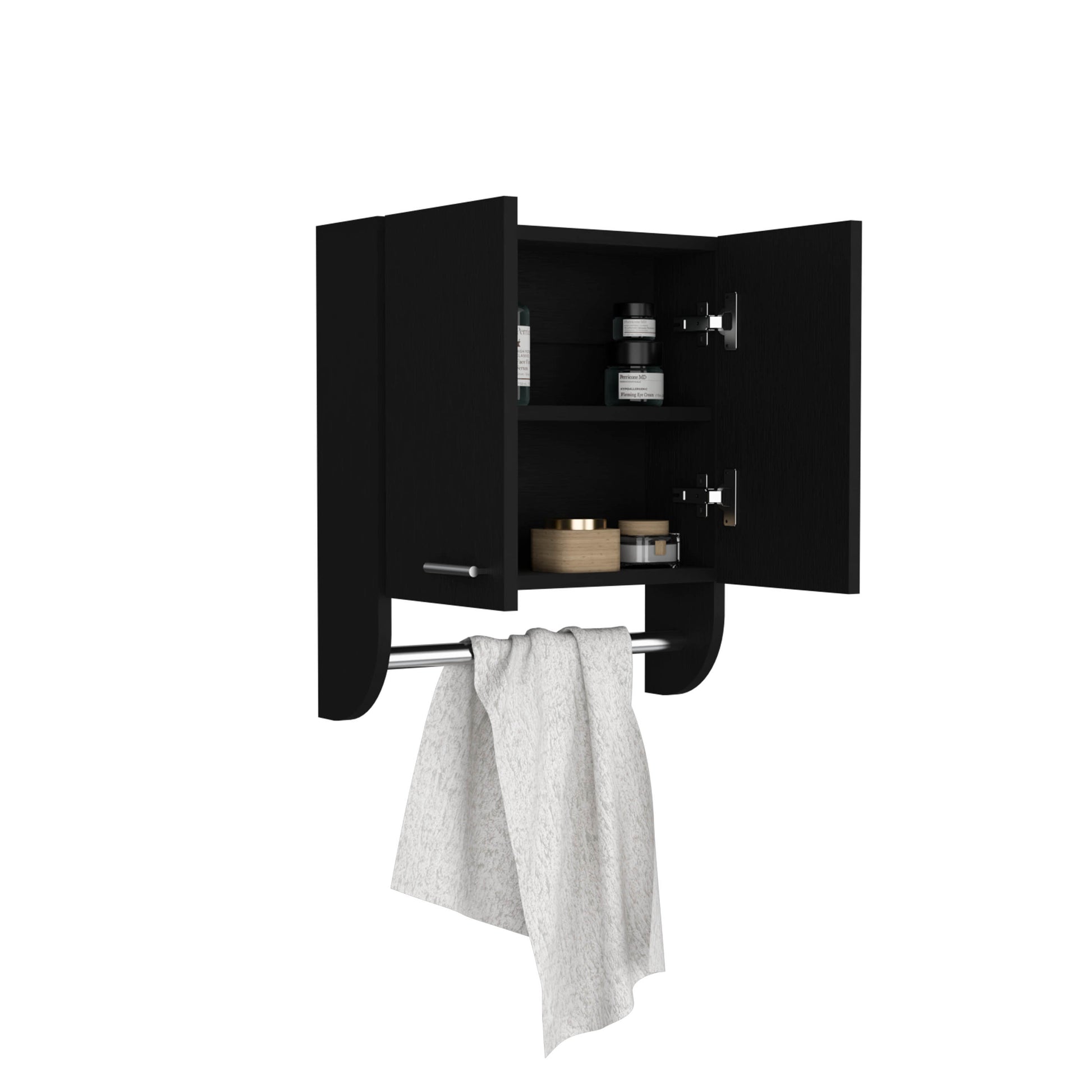 Black minimalist bathroom medicine cabinet with towel bar