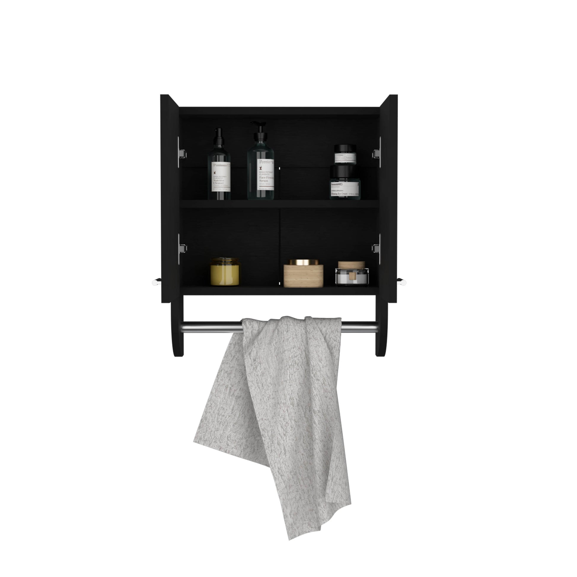 Modern black bathroom medicine cabinet with open doors displaying toiletries and a gray towel hanging below