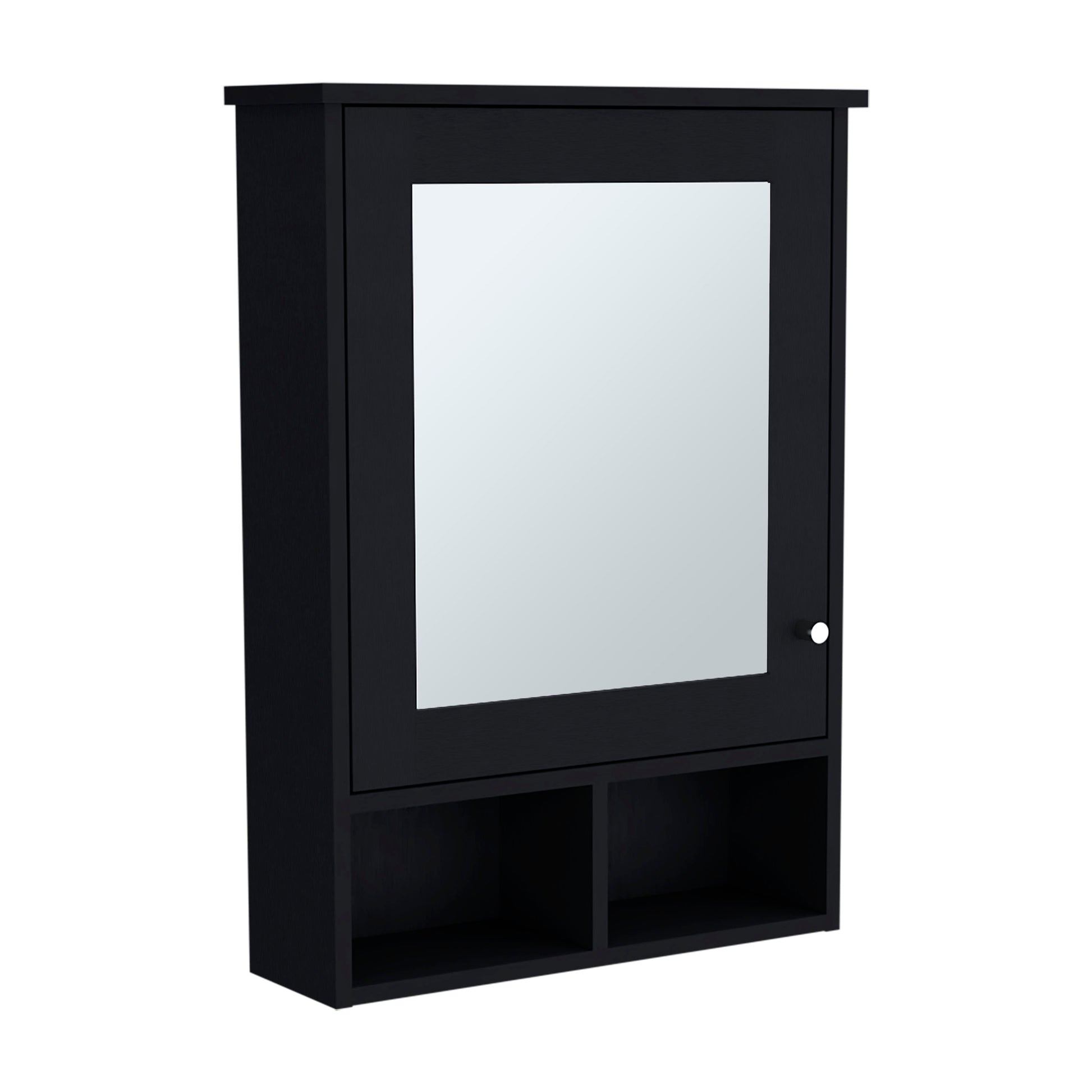 Modern black medicine cabinet with mirror and open shelf storage