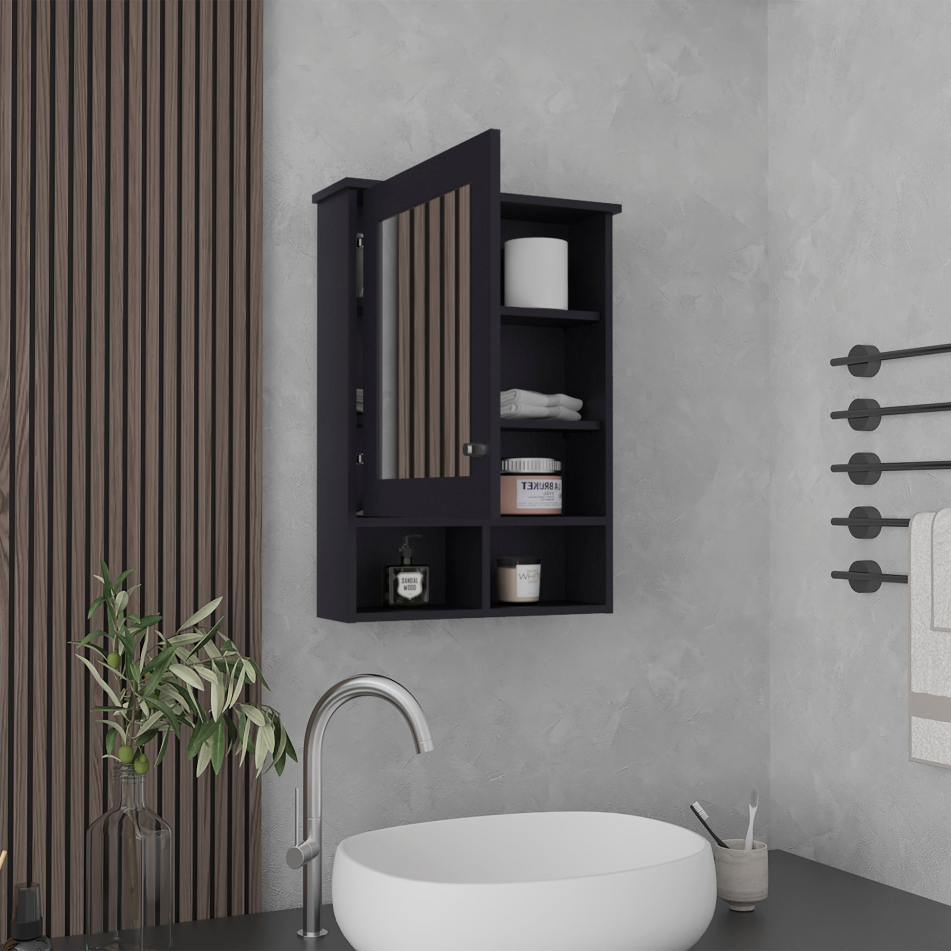 Dark gray bathroom medicine cabinet with mirrored door and open shelving