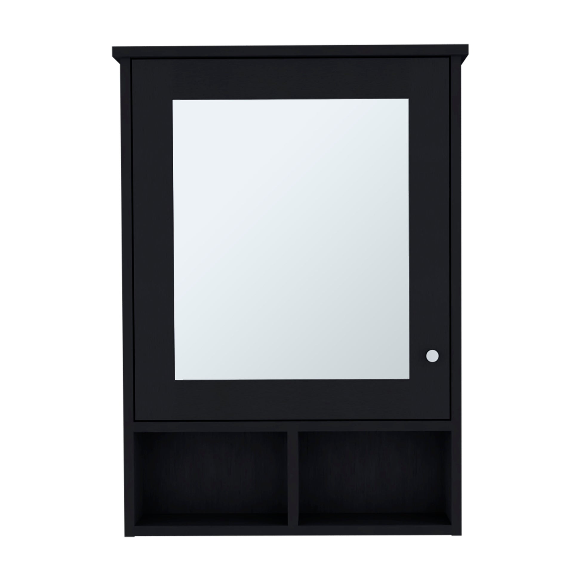 Black wooden medicine cabinet with mirrored door and open lower shelves