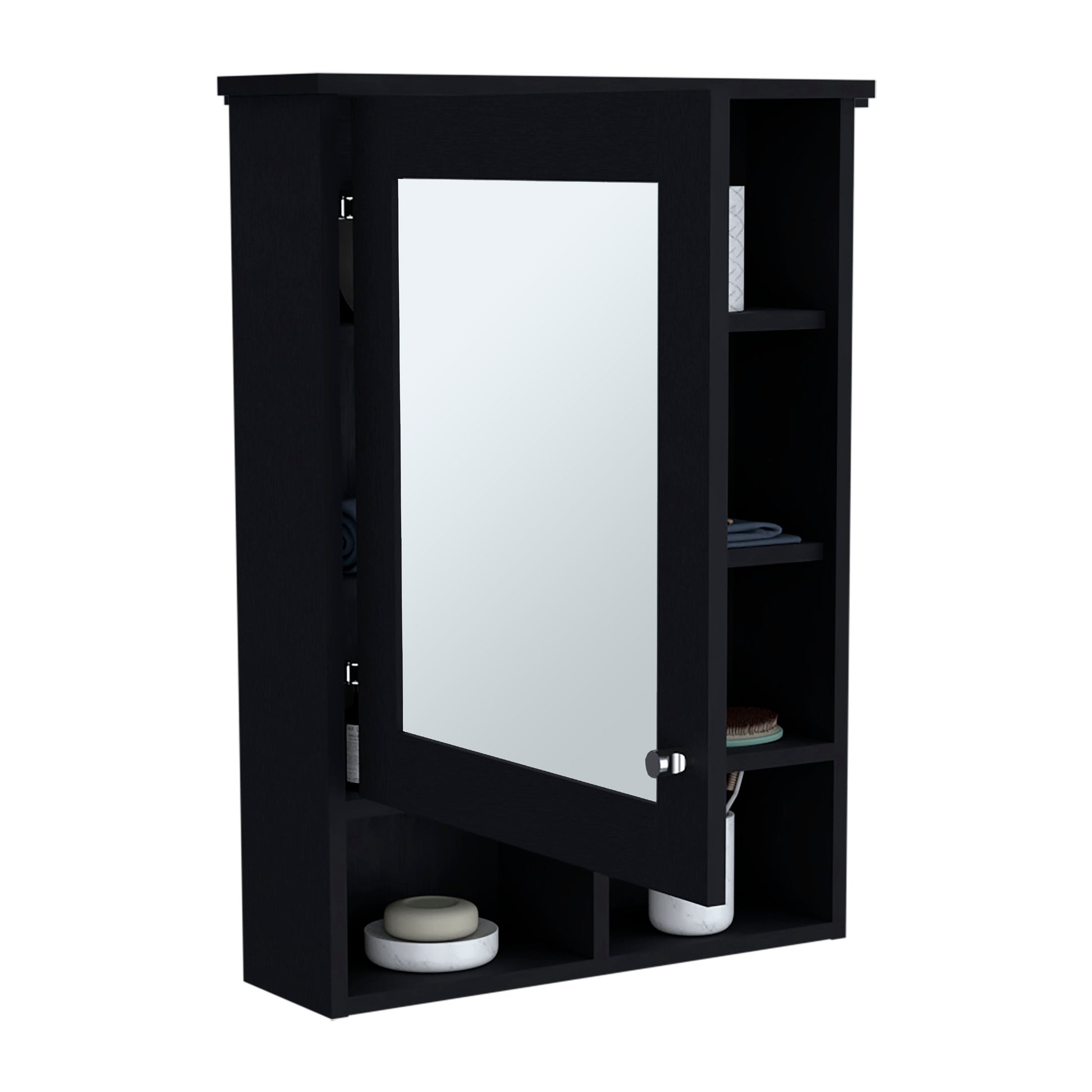 Black mirrored medicine cabinet with open door and shelves