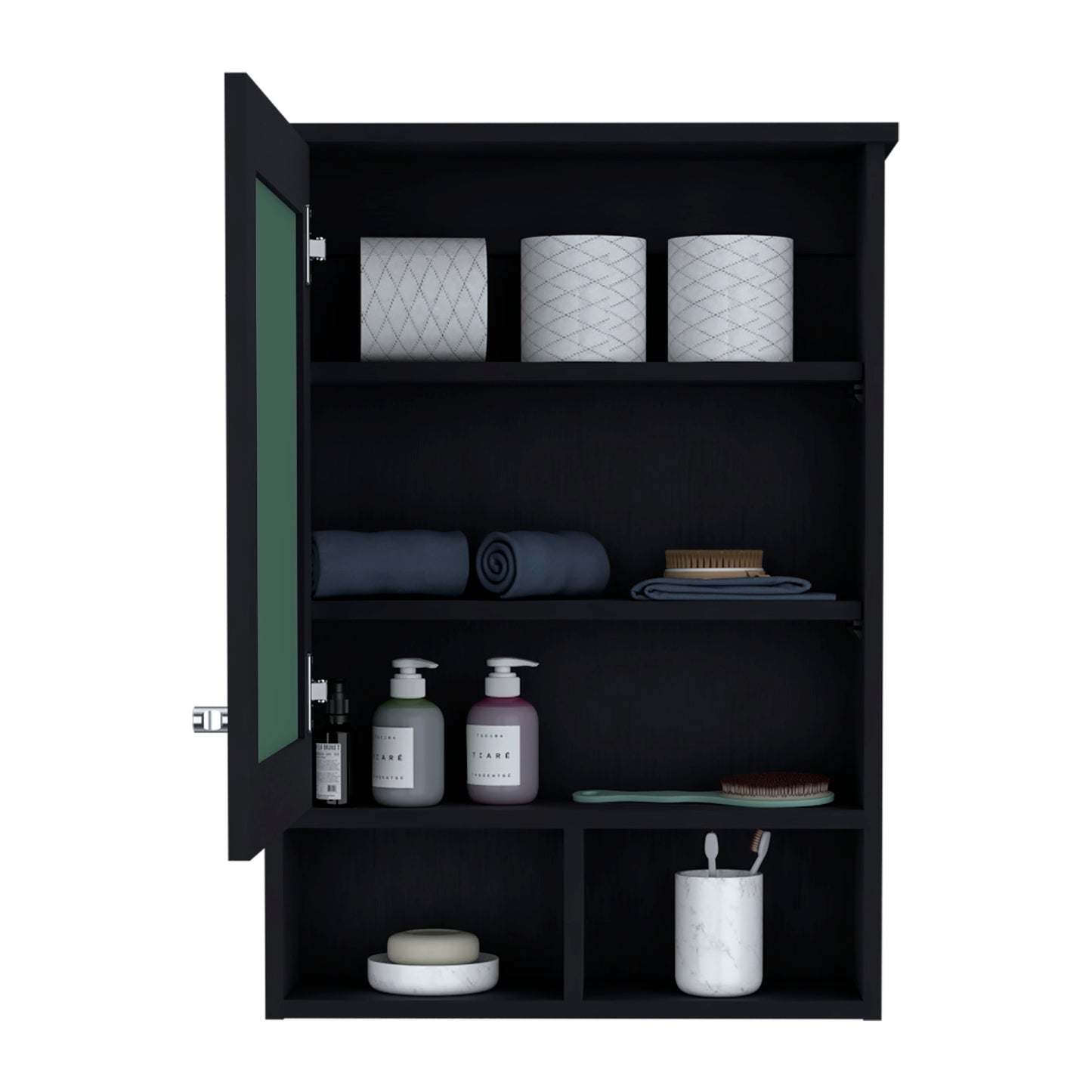 Black bathroom cabinet with open door displaying toiletries towels and bath brushes