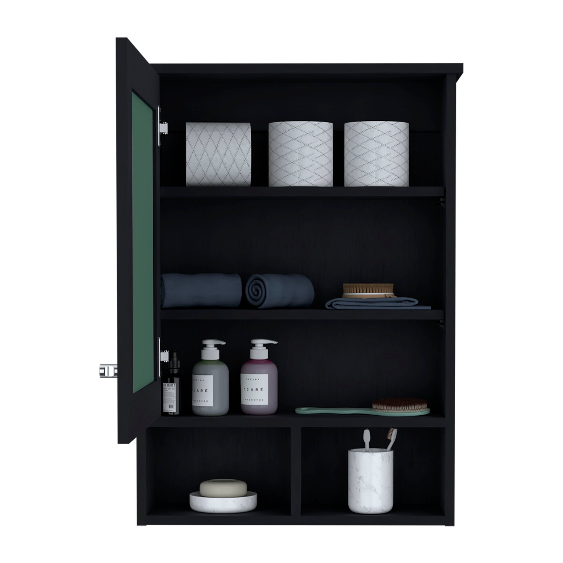 Black bathroom cabinet with open door displaying toiletries towels and bath brushes