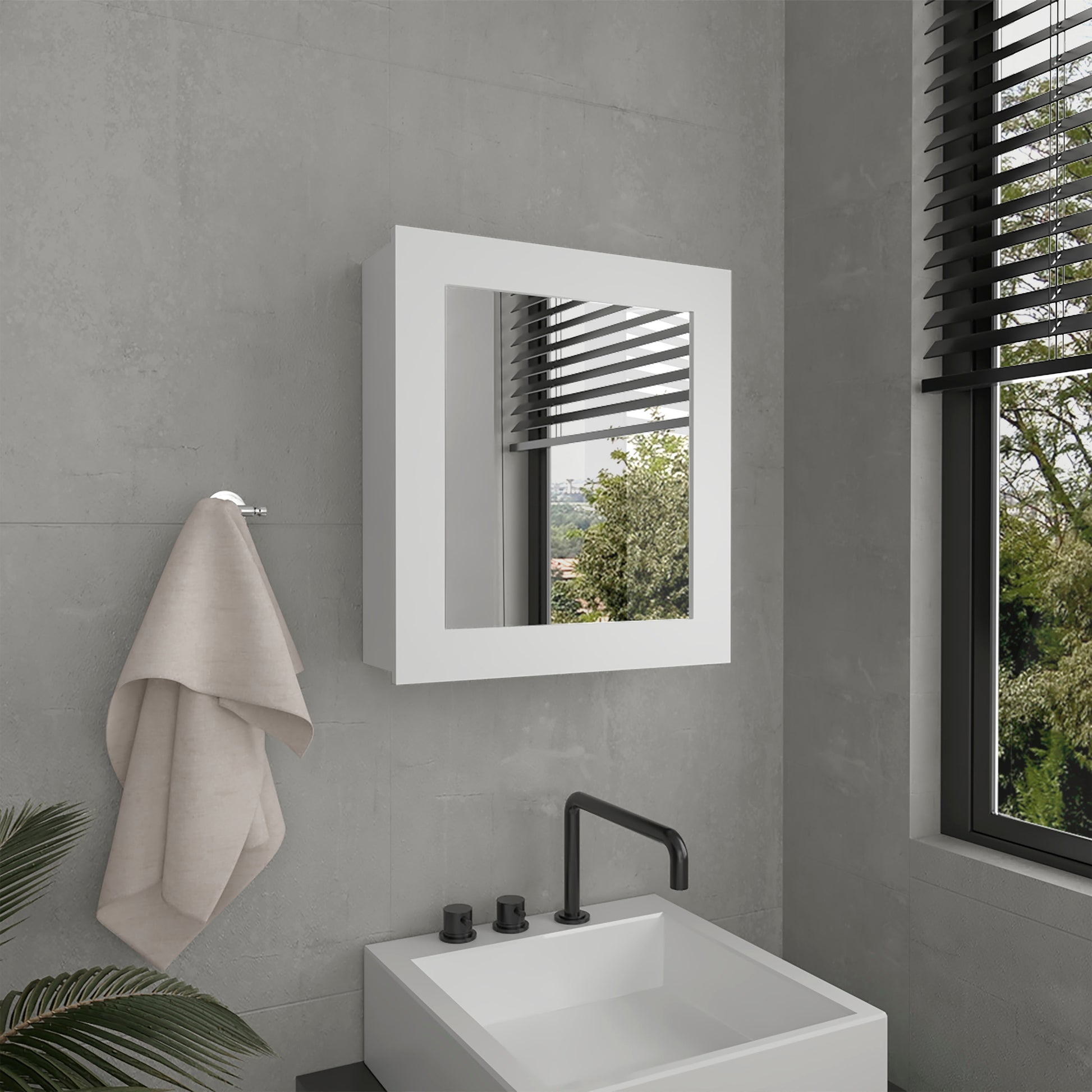 Modern white recessed medicine cabinet with a clean minimalist design