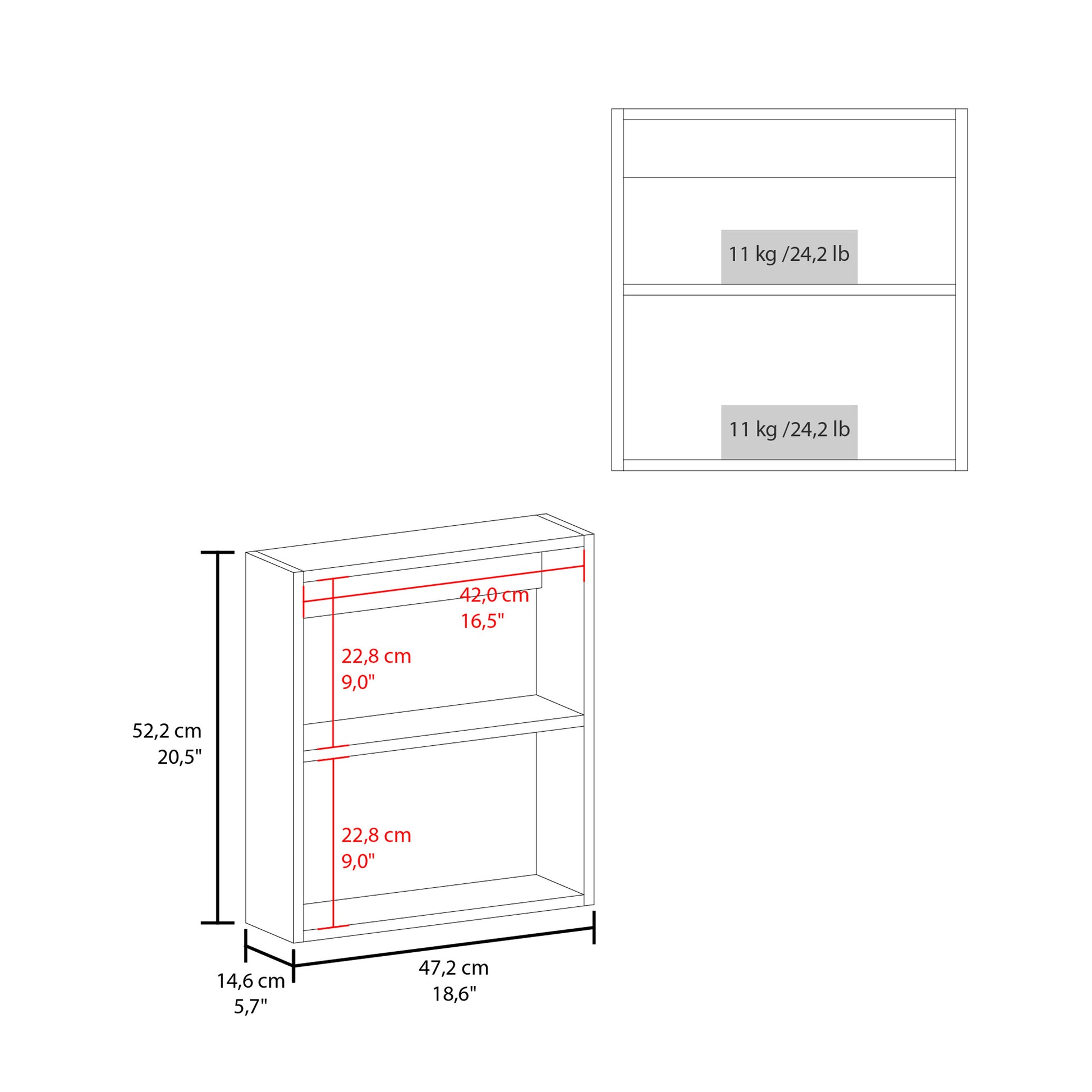 Compact white bookcase diagram with dimensions shown in cm and inches