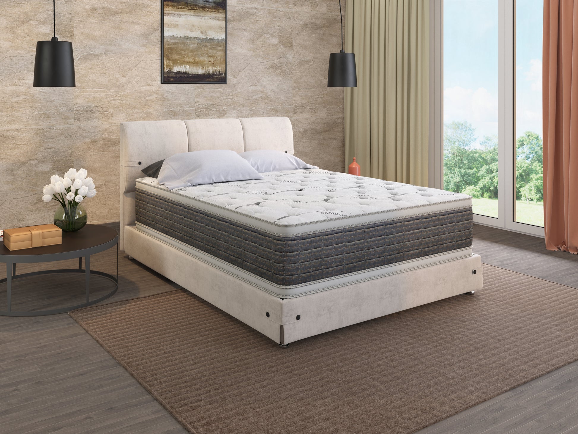 Plush euro top mattress with charcoal grey border and quilted white fabric for comfort