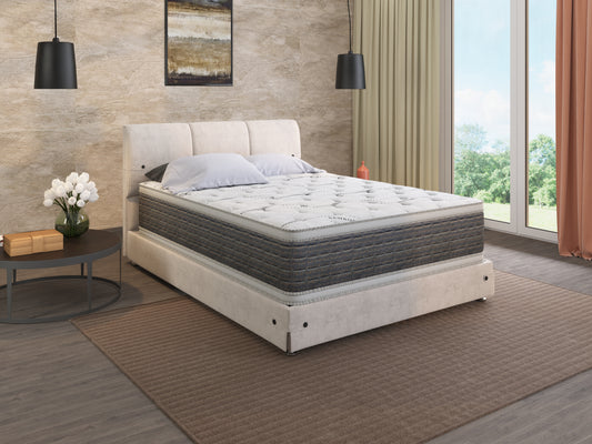 Plush euro top mattress with charcoal grey border and quilted white fabric for comfort