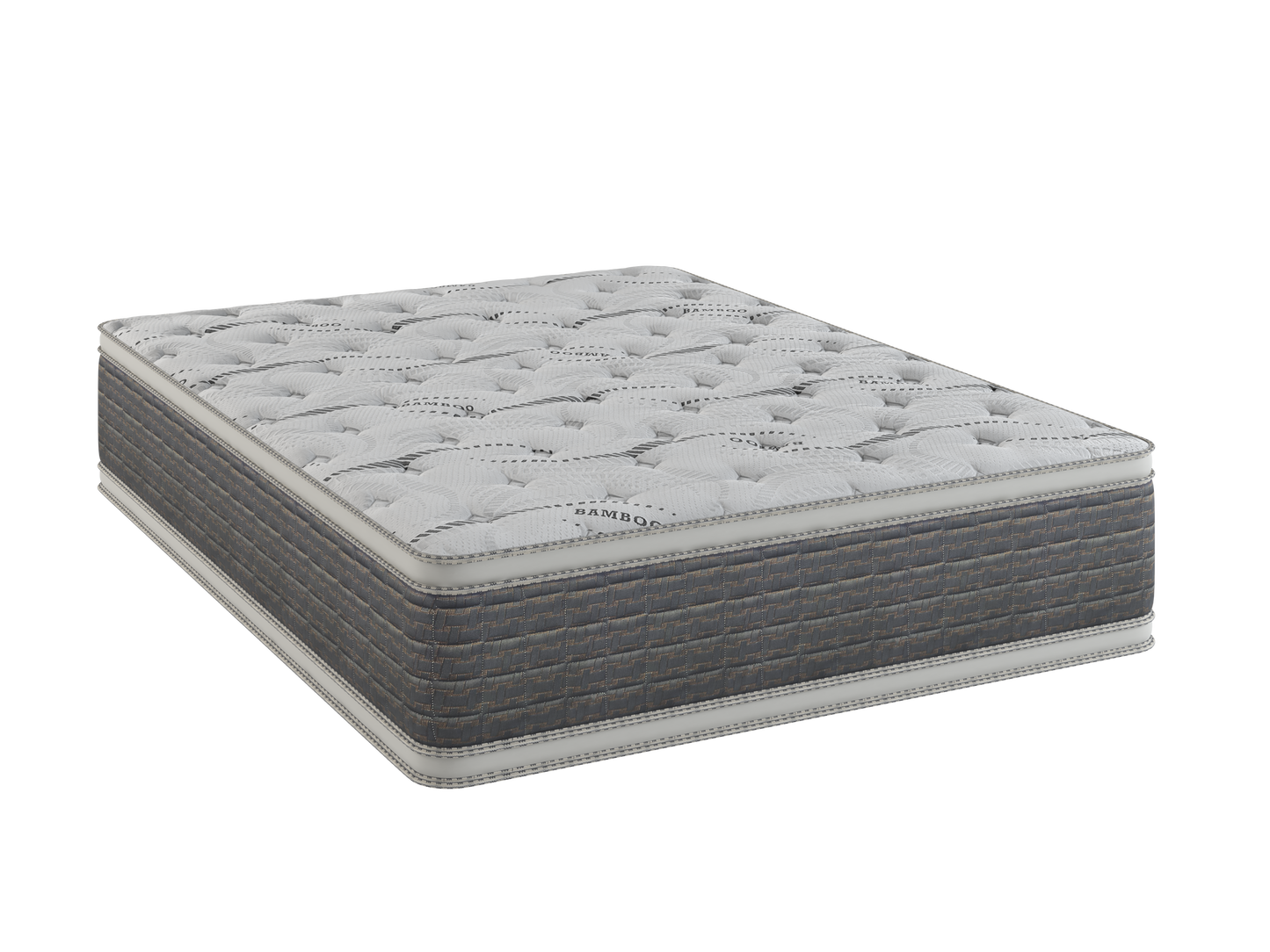 Plush white quilted mattress with gray textured sides and Bamboo print