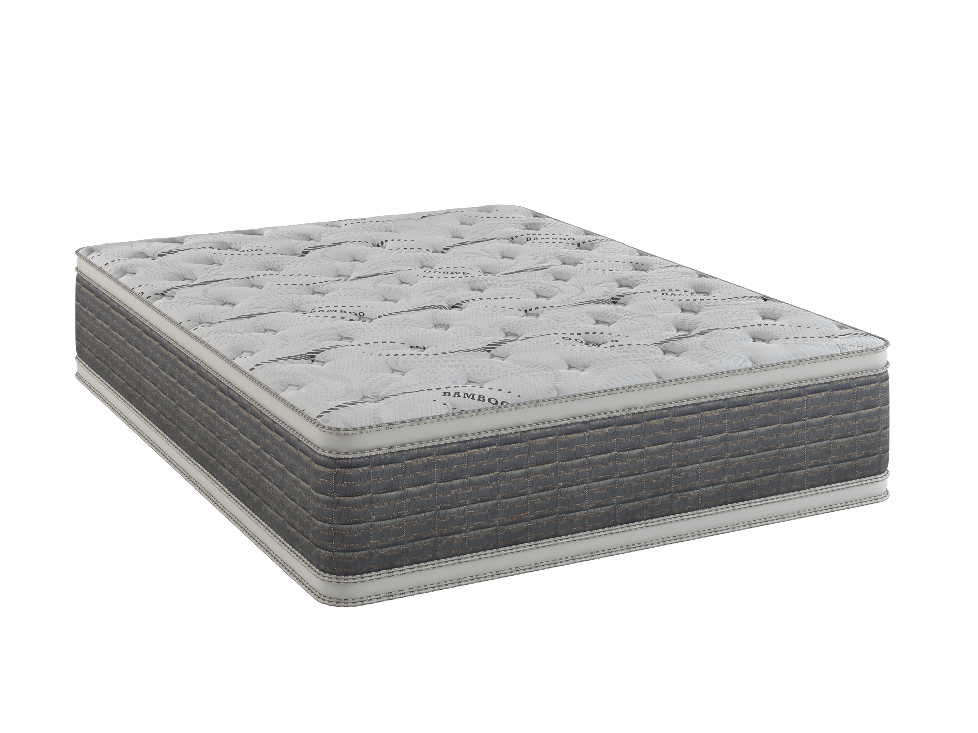 Plush white quilted mattress with gray textured sides and Bamboo print