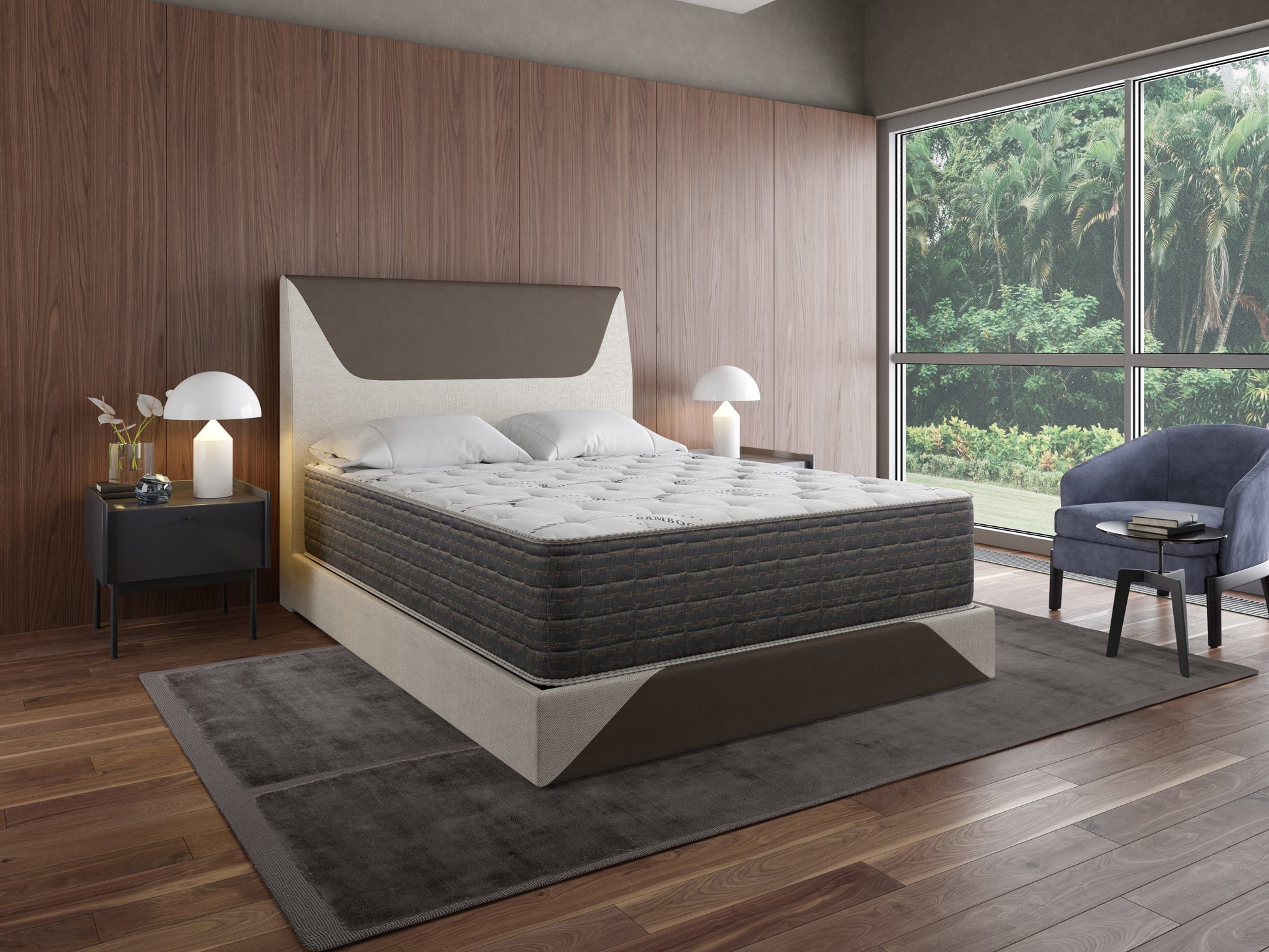 Pristine queen size mattress with intricate stitching and dark grey border