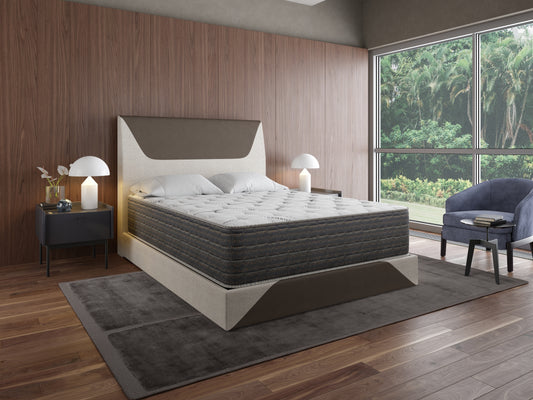Pristine queen size mattress with intricate stitching and dark grey border