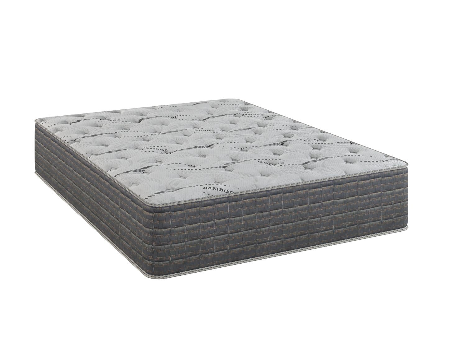 Luxury queen size mattress with quilted bamboo top and gray patterned sides for comfort