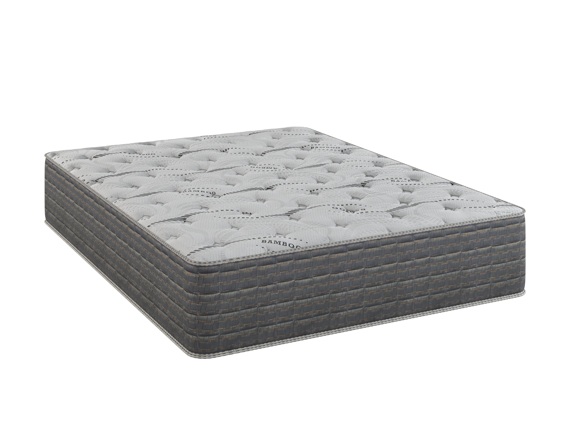 Luxury queen size mattress with quilted bamboo top and gray patterned sides for comfort