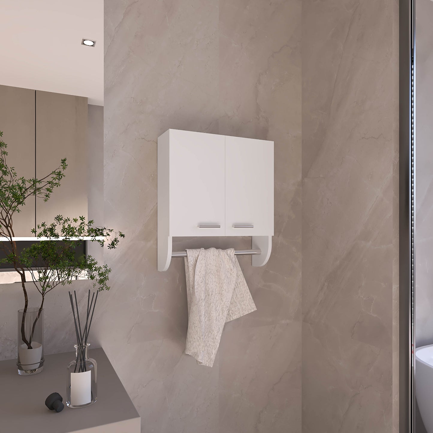White modern bathroom wall cabinet with chrome towel bar and cream towel