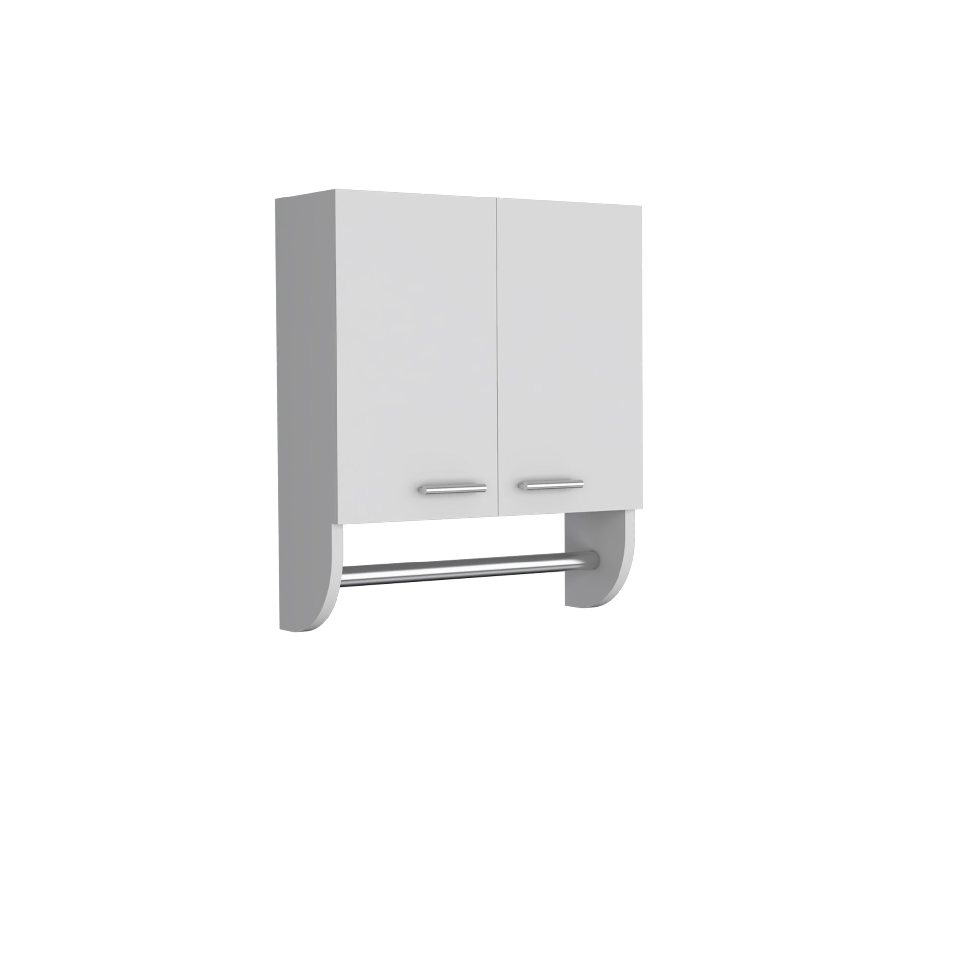 White bathroom cabinet with towel bar and silver handles