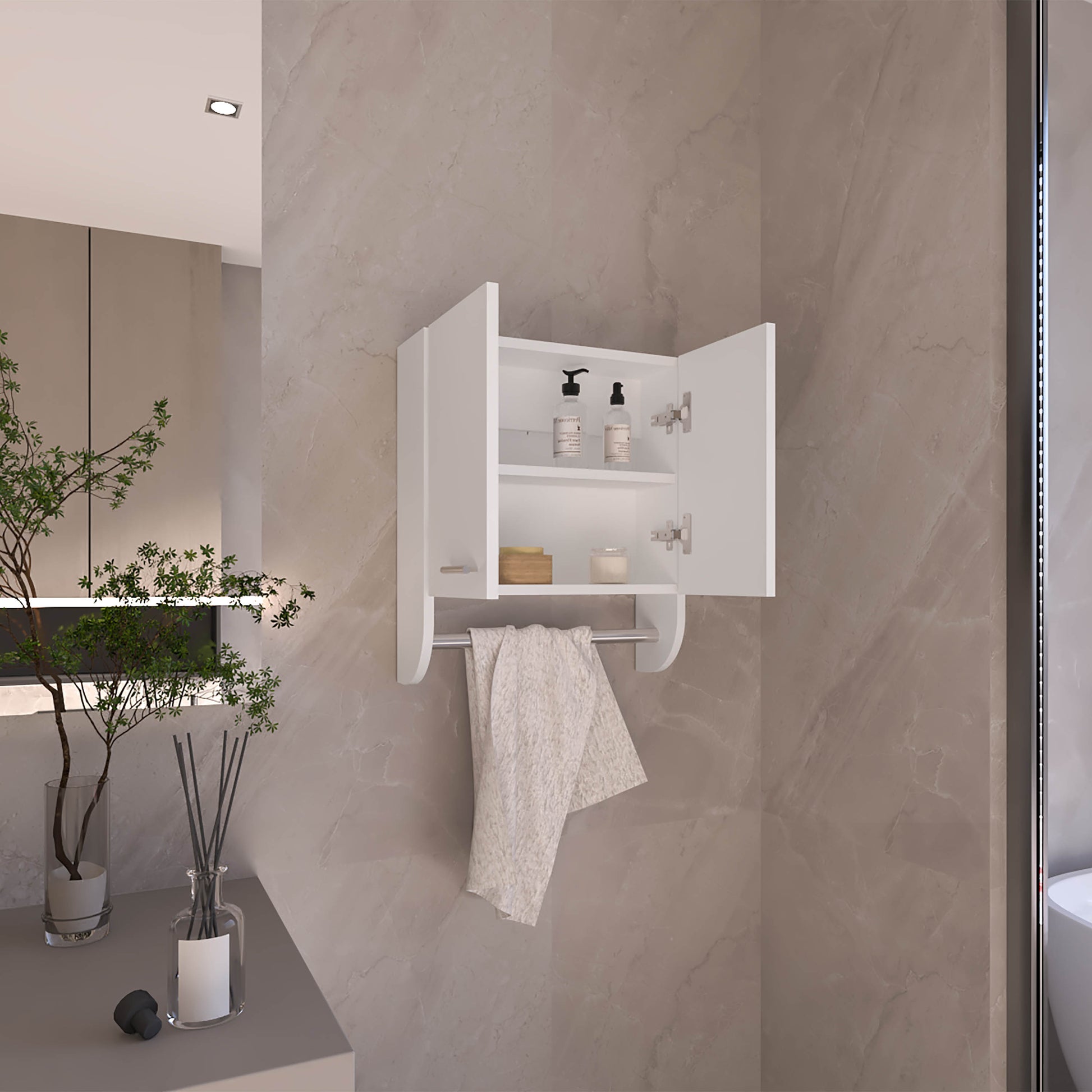 White modern bathroom medicine cabinet with open doors and towel bar