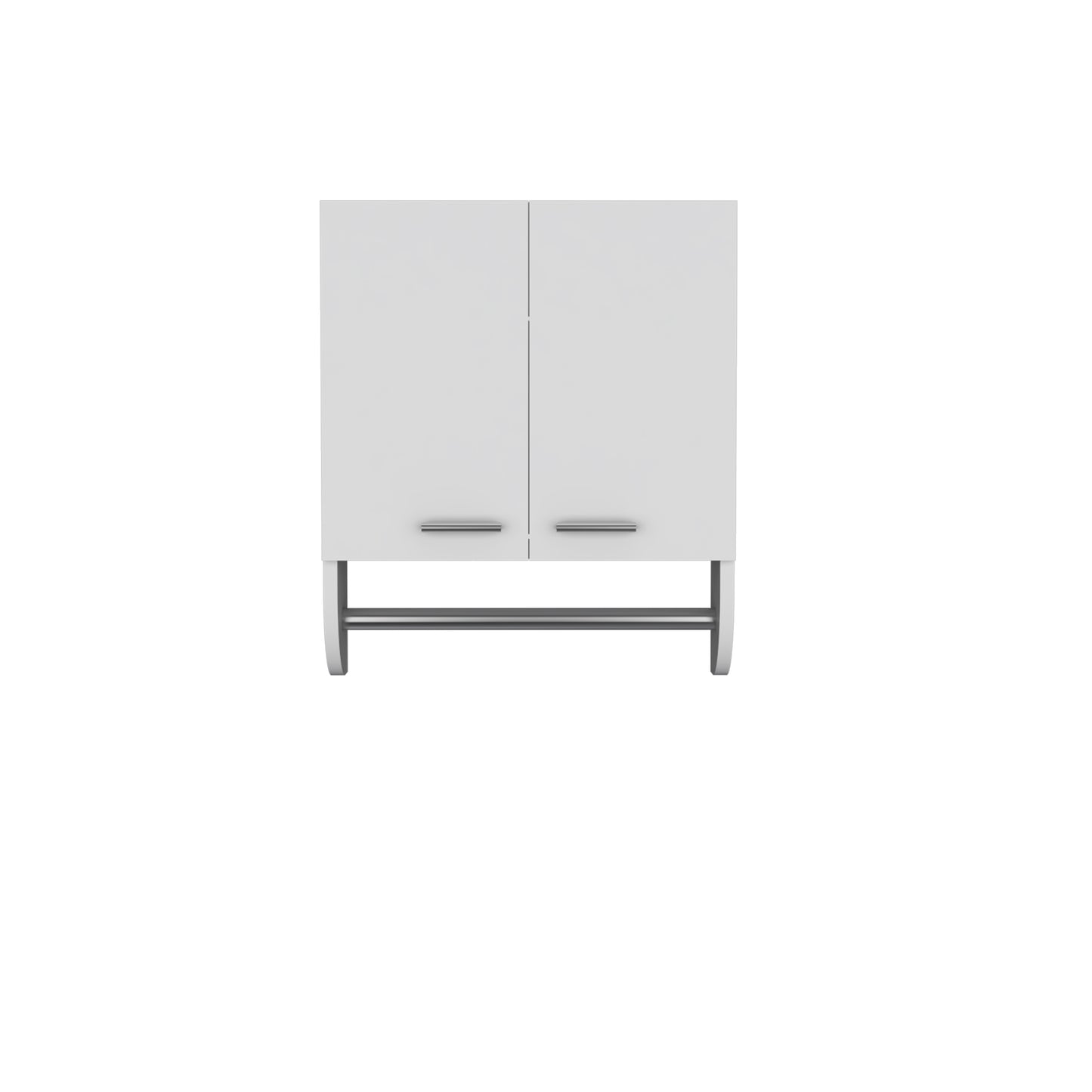 White twodoor wall cabinet with modern silver handles and attached towel bar