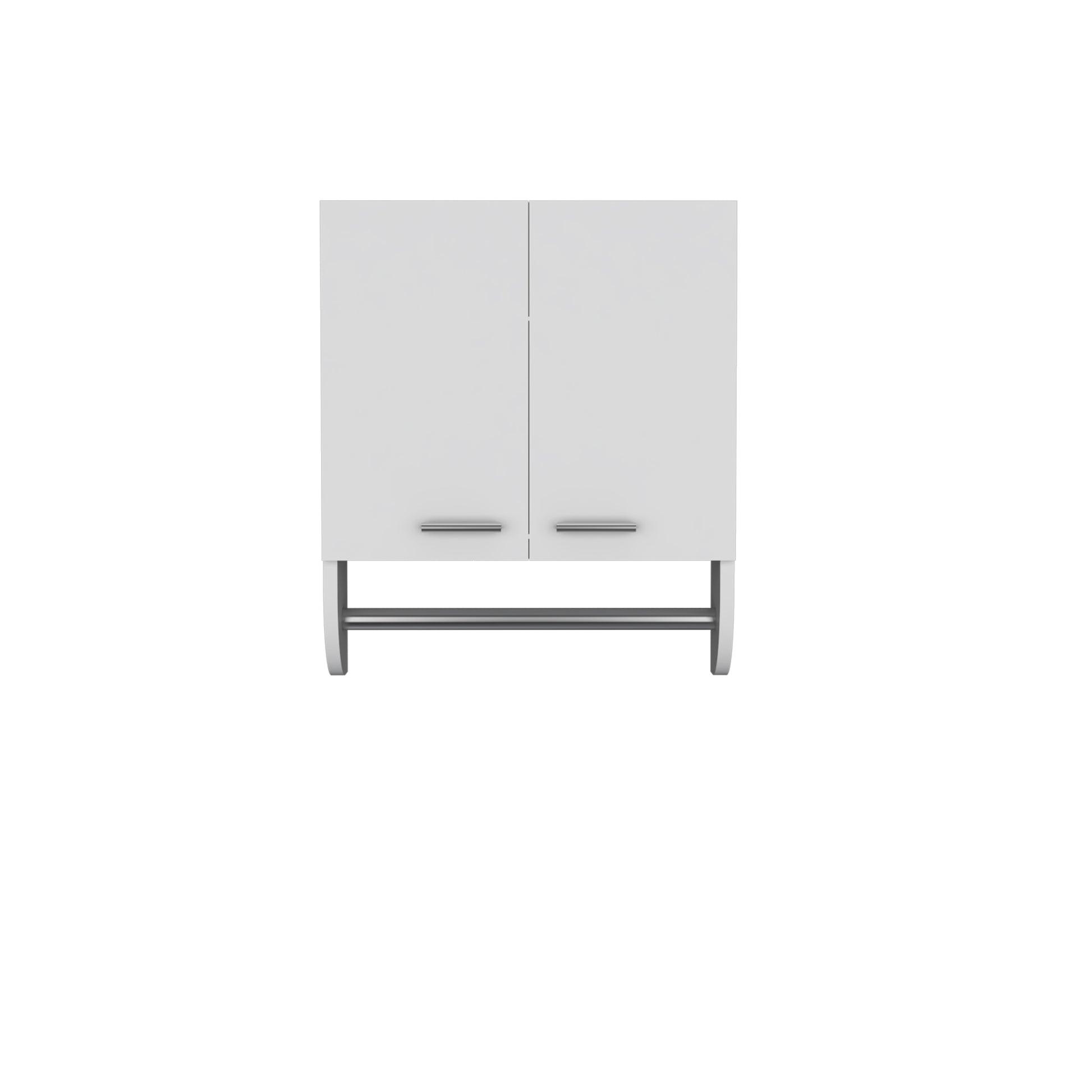 White twodoor wall cabinet with modern silver handles and attached towel bar