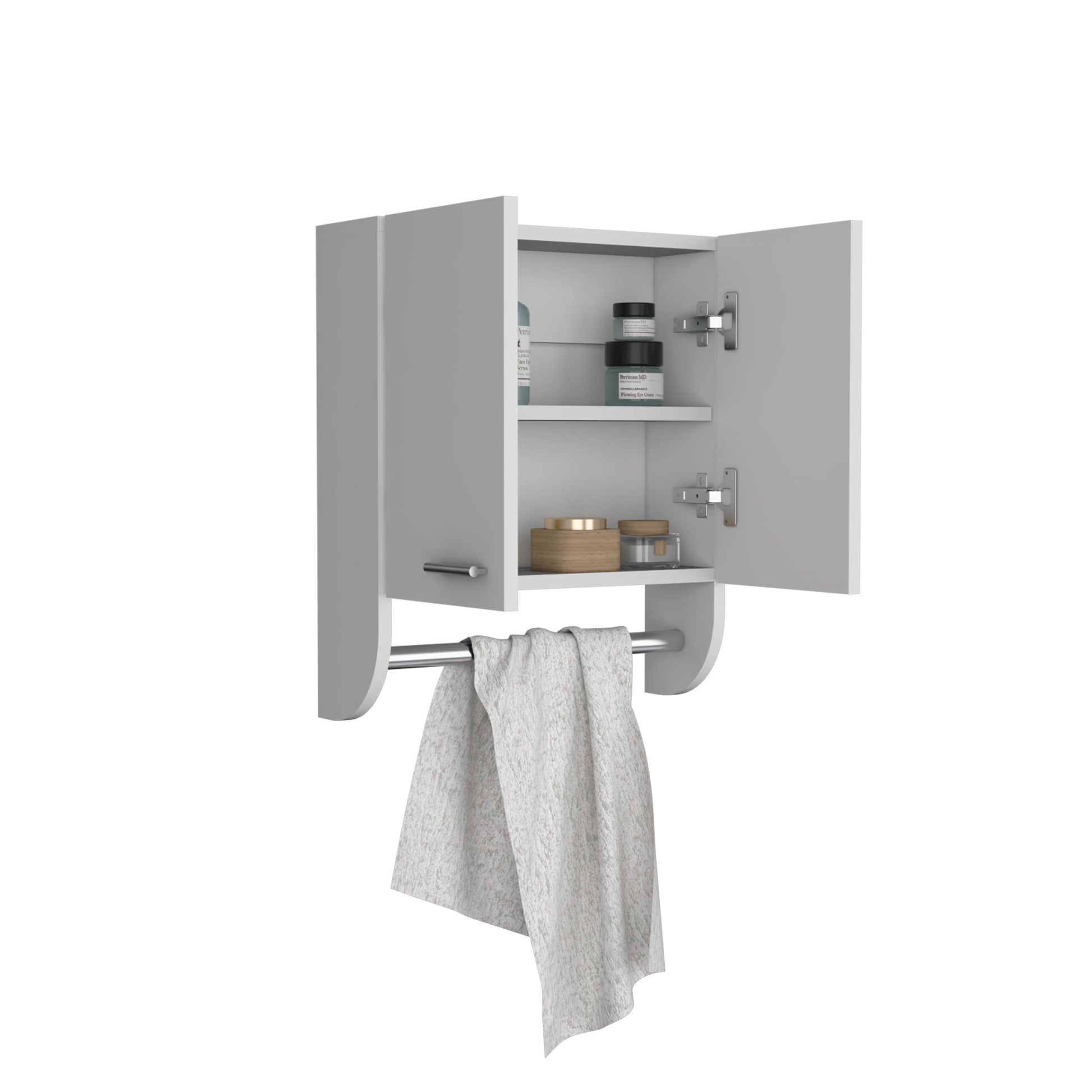 White modern medicine cabinet with open doors silver bar and textured white towel