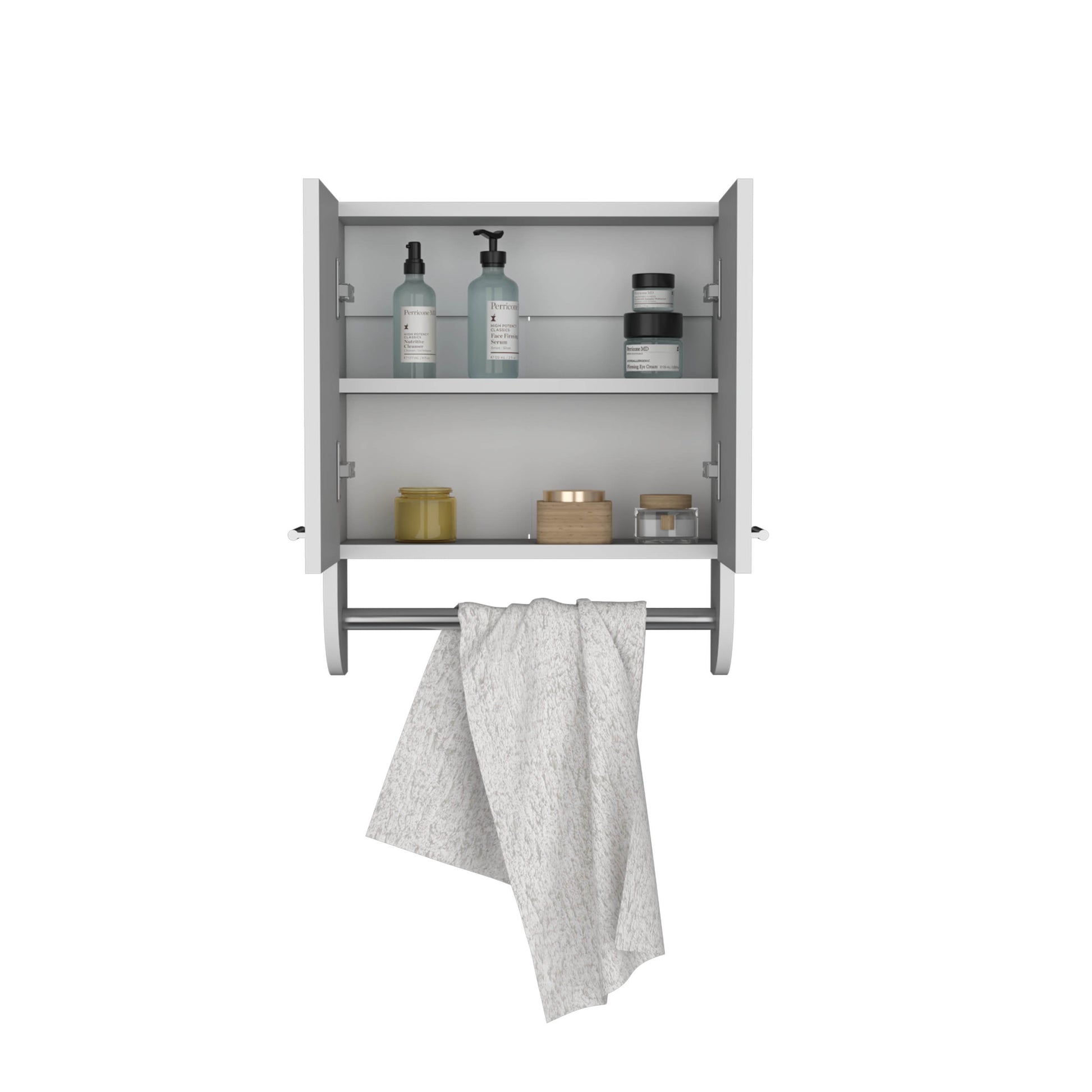Modern white medicine cabinet with glass shelves and towel bar