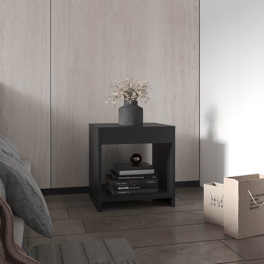Sleek black modern nightstand with a single open shelf perfect for bedside storage