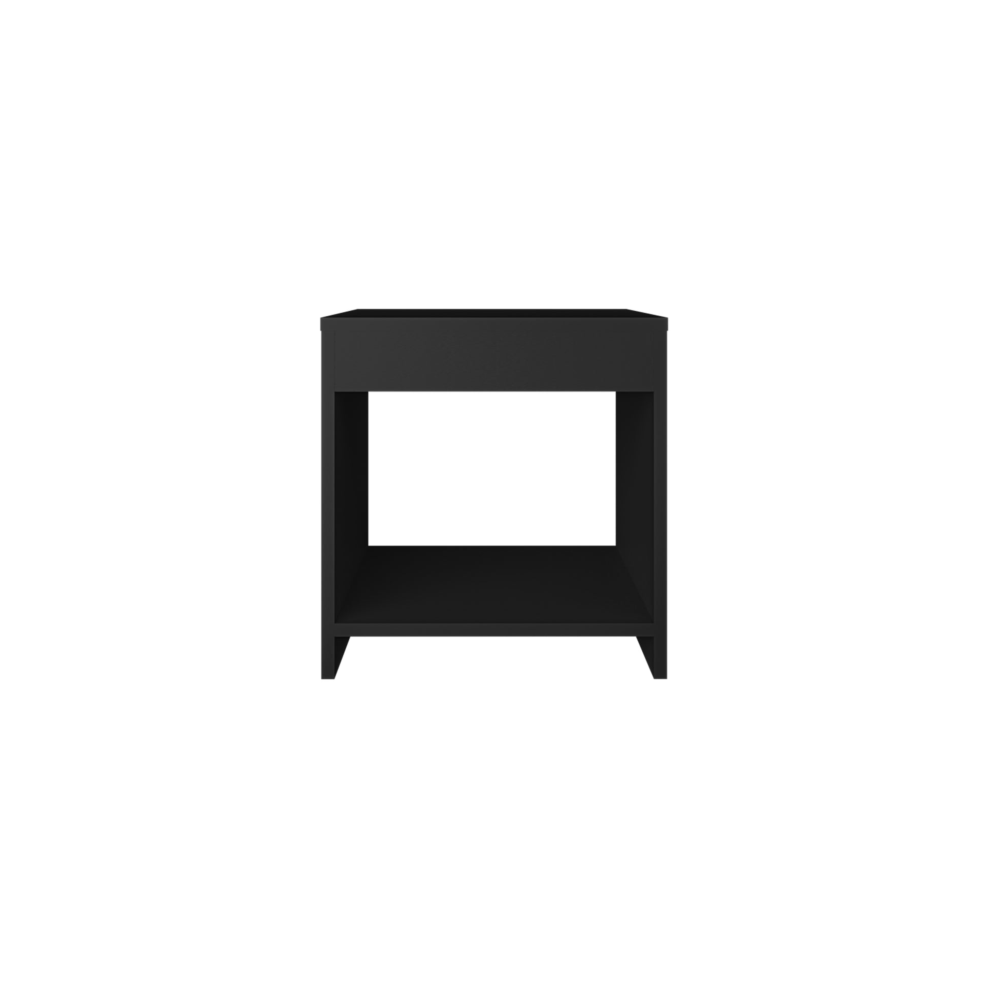 Sleek black modern bedside table with one drawer and open shelf storage