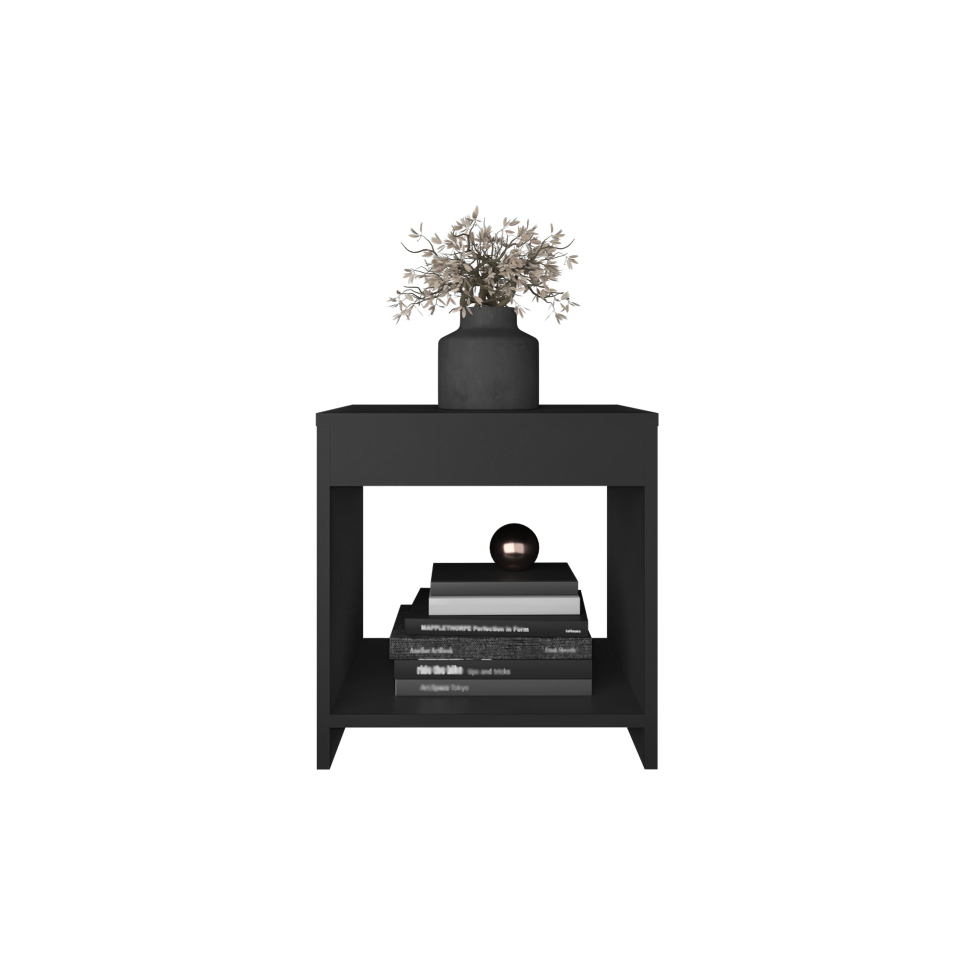 Modern black side table with drawer and open shelf displaying books