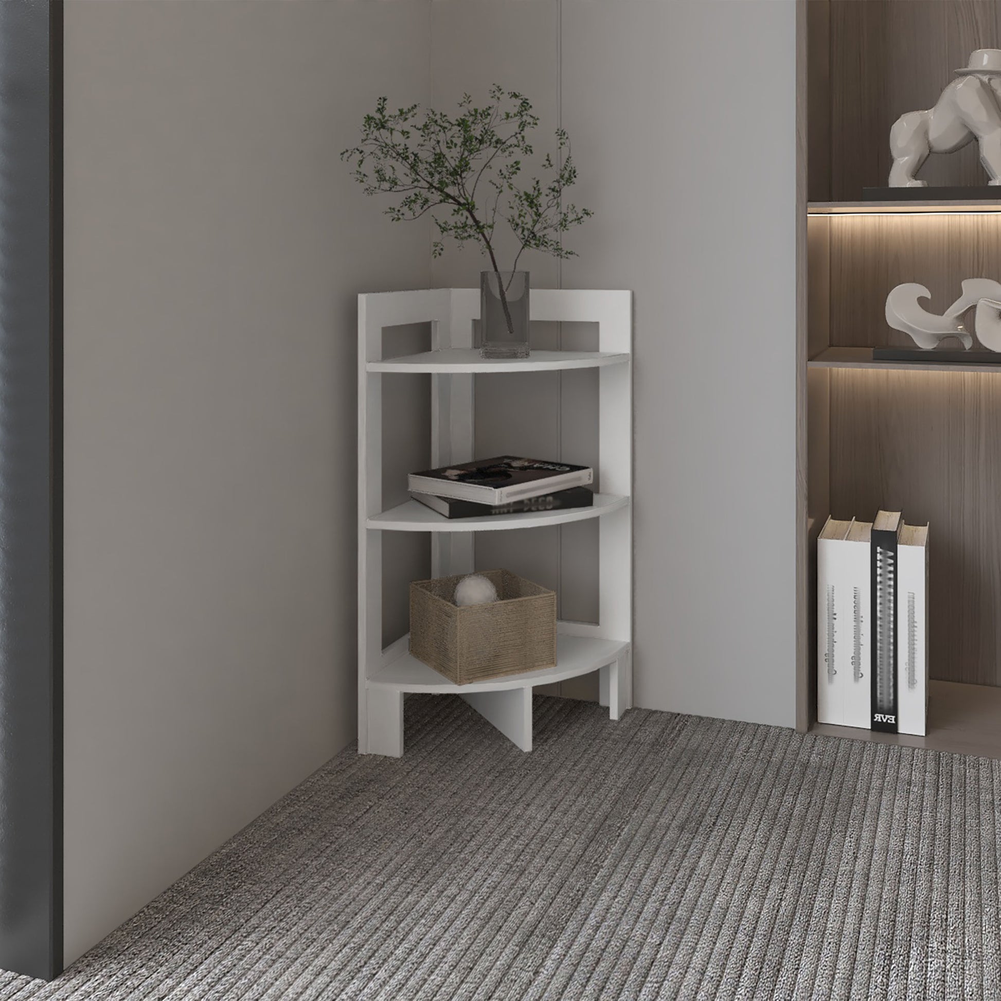 White threetier corner shelf unit with books and decorative basket