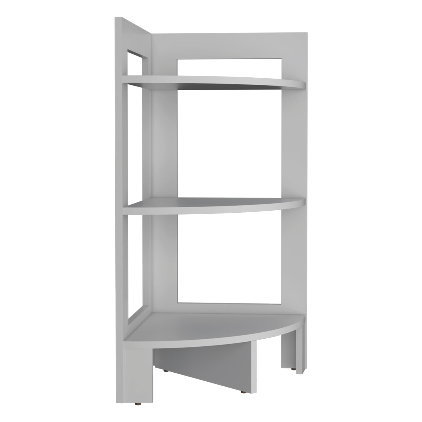Modern grey threetier corner shelf unit with curved shelves for display
