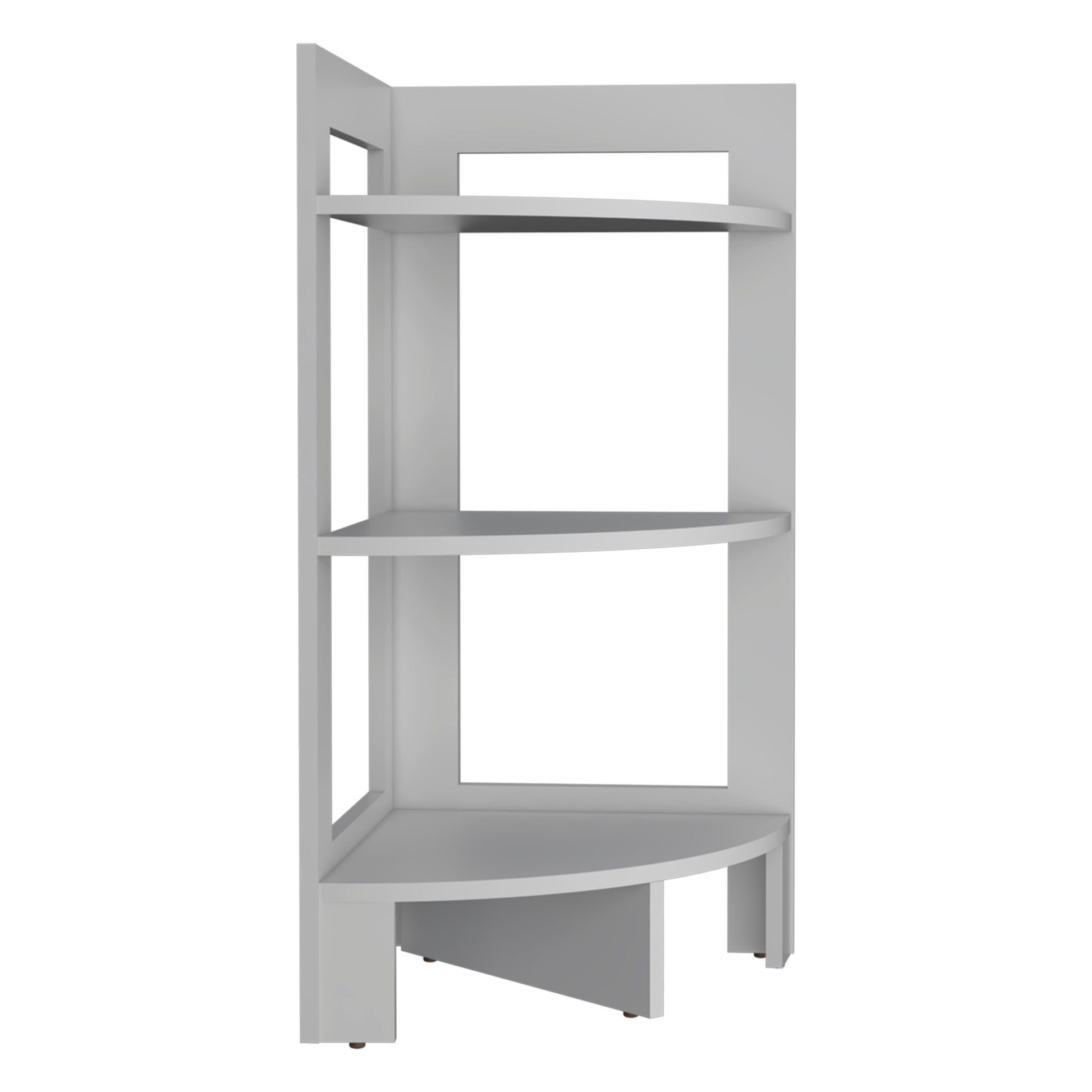 Modern grey threetier corner shelf unit with curved shelves for display