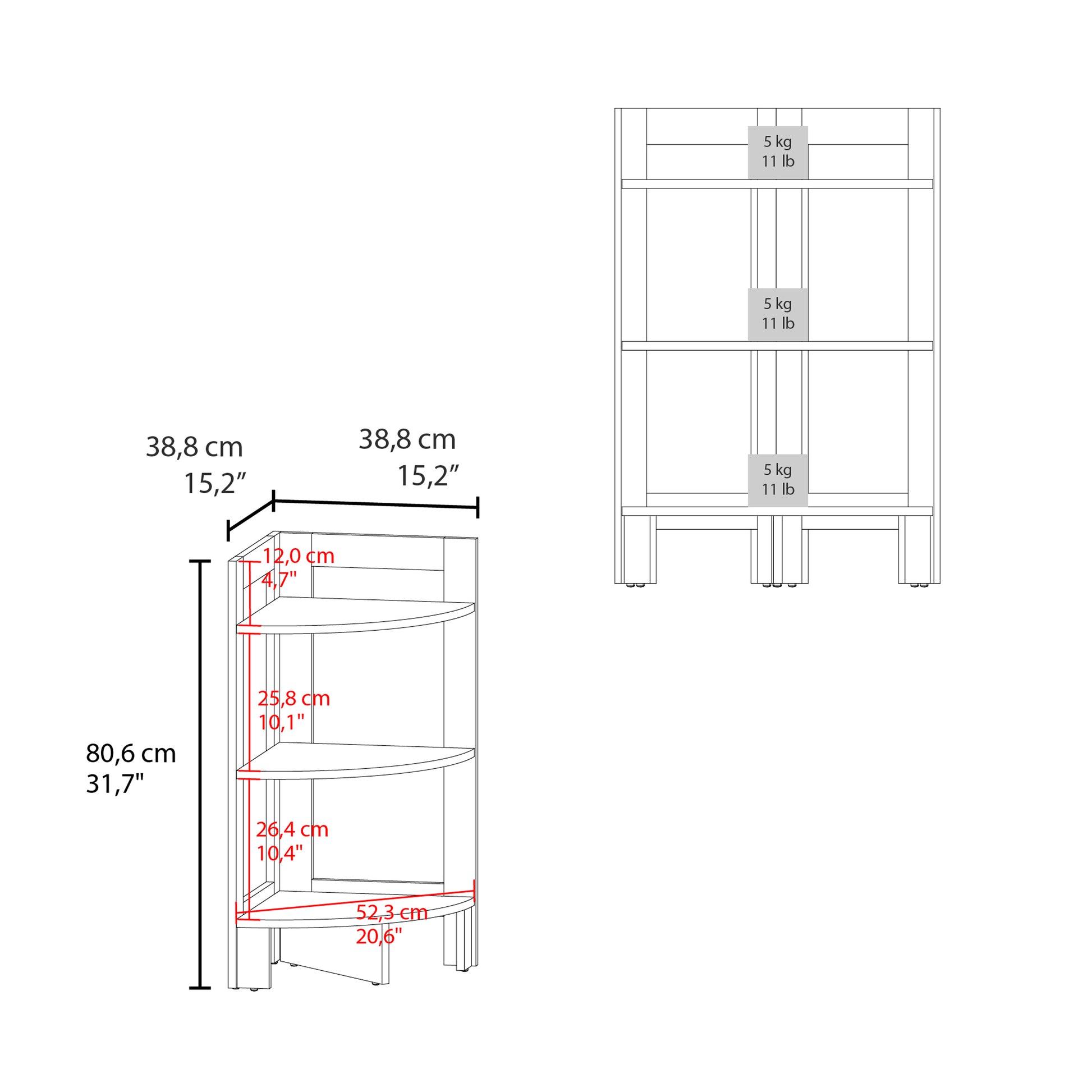 Technical drawing of a white corner shelf unit with dimensions shown