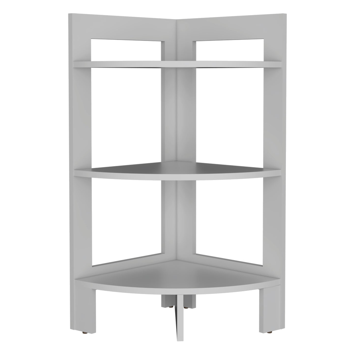 Modern white corner shelving unit with three tiers perfect for small spaces