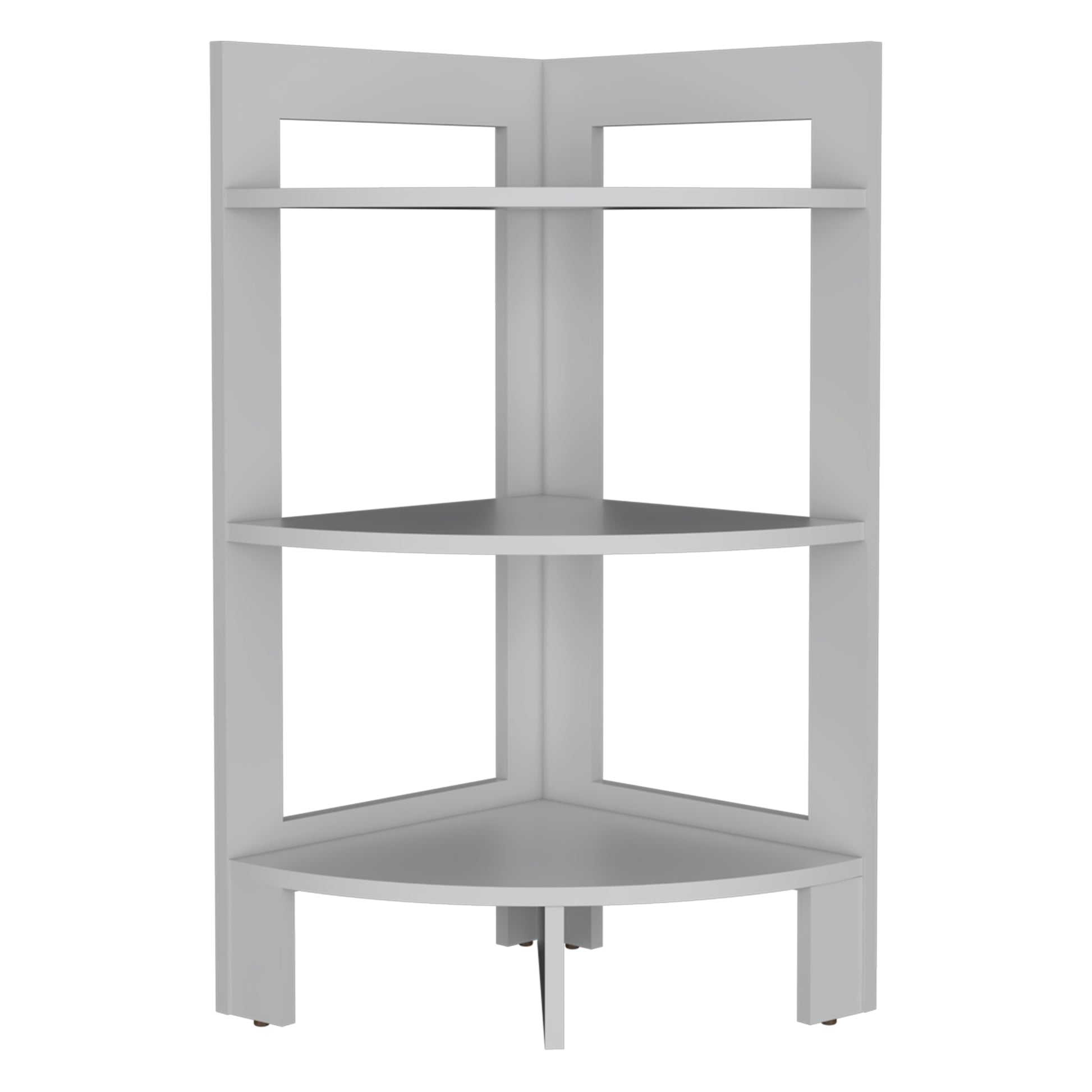 Modern white corner shelving unit with three tiers perfect for small spaces