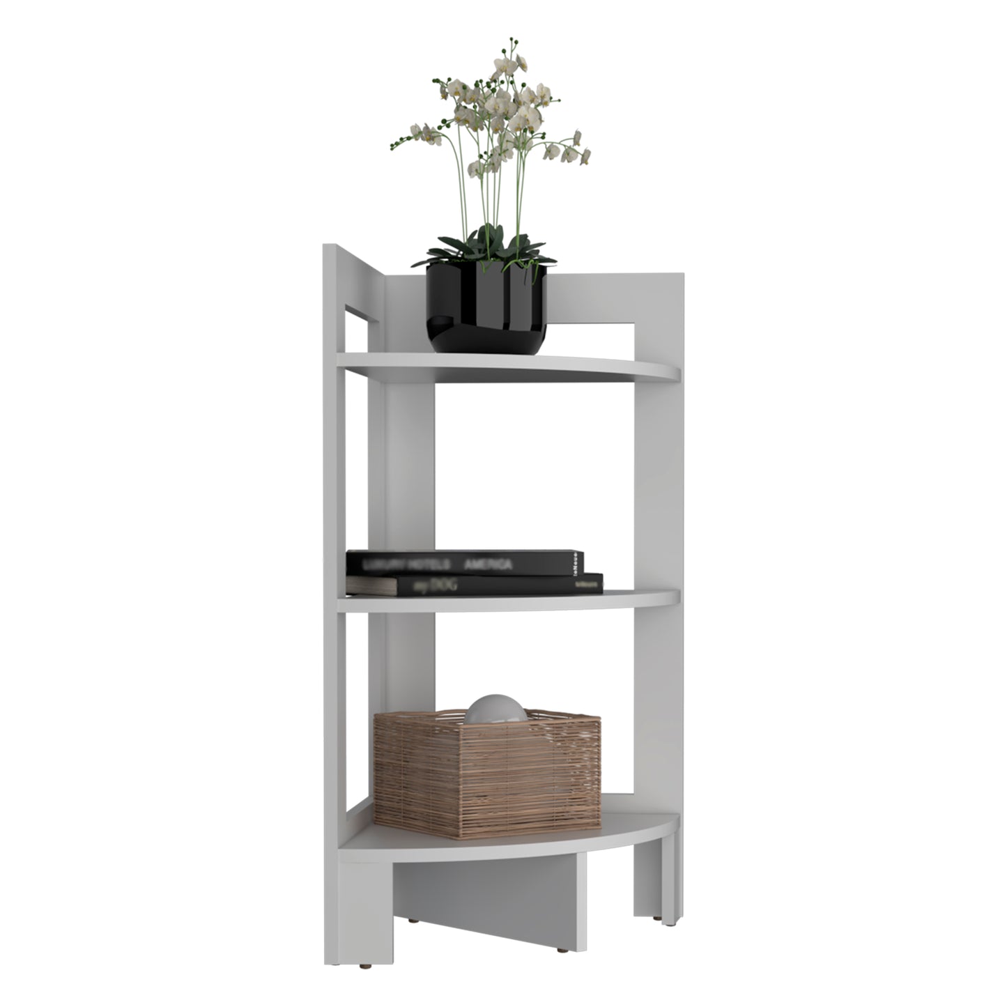 White corner shelf unit with three tiers displaying decorative items