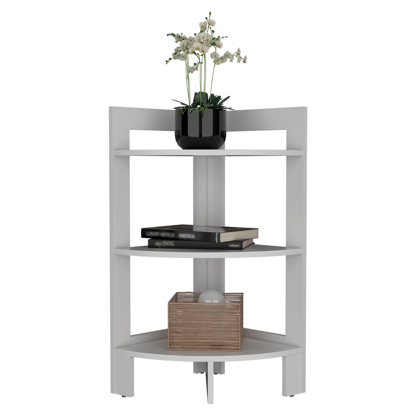 Modern white corner shelf unit with three tiers for home organization