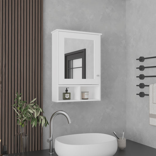 White medicine cabinet with mirrored door and open shelf below holding soap and candle