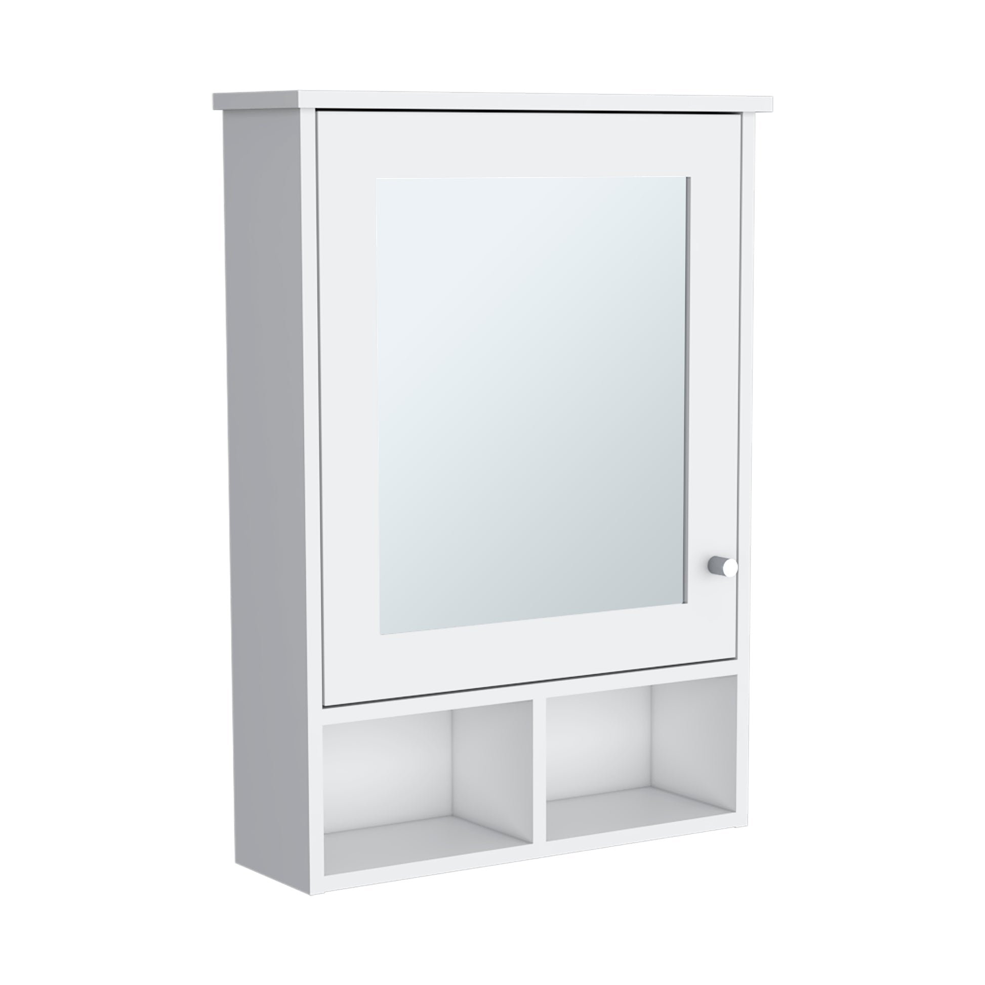 White medicine cabinet with mirrored door and open lower shelves