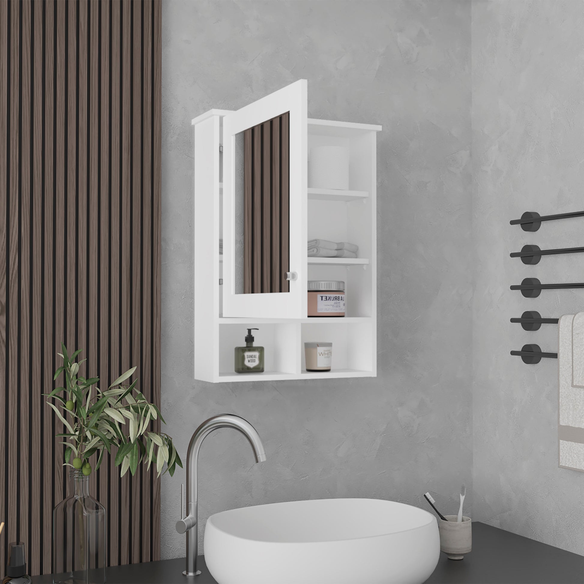 White medicine cabinet with mirrored door featuring interior shelves with toiletries ideal for bathroom storage