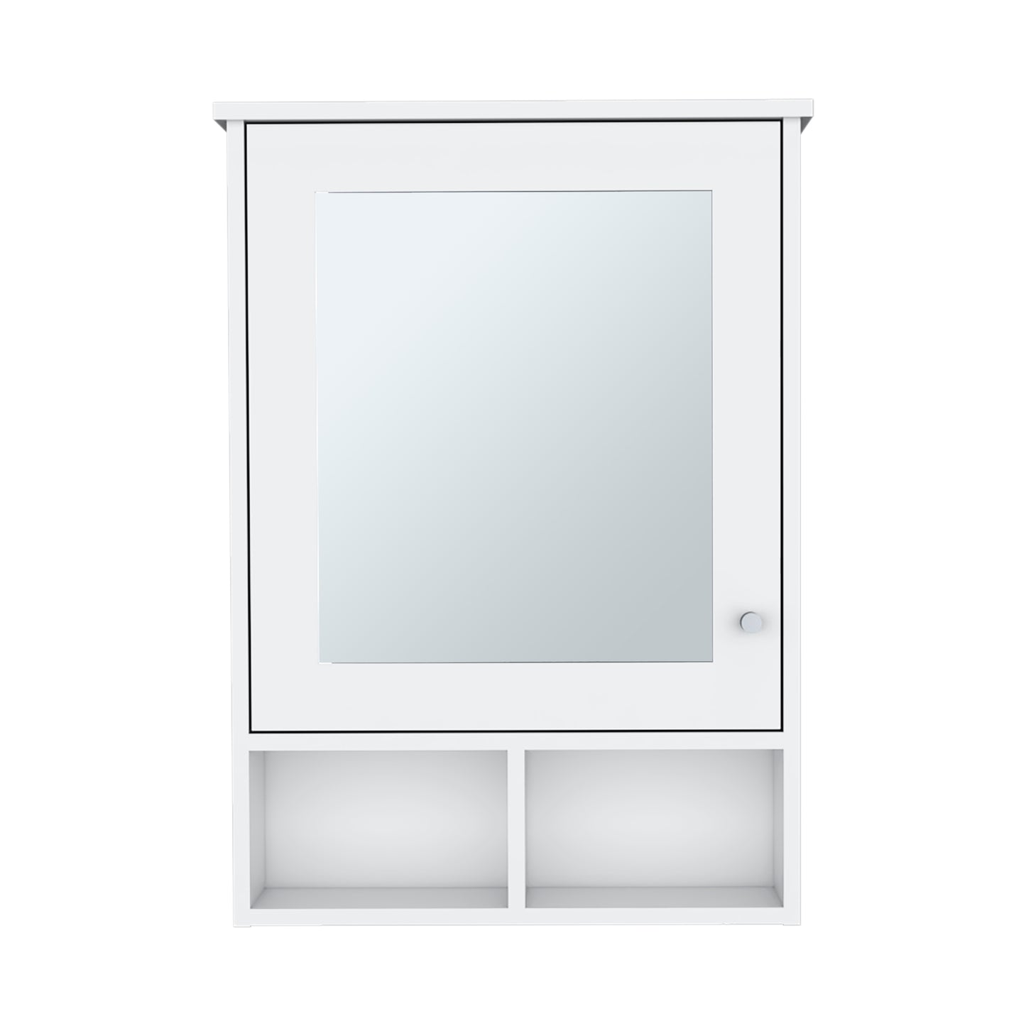 White wooden medicine cabinet with mirrored door and two open shelves