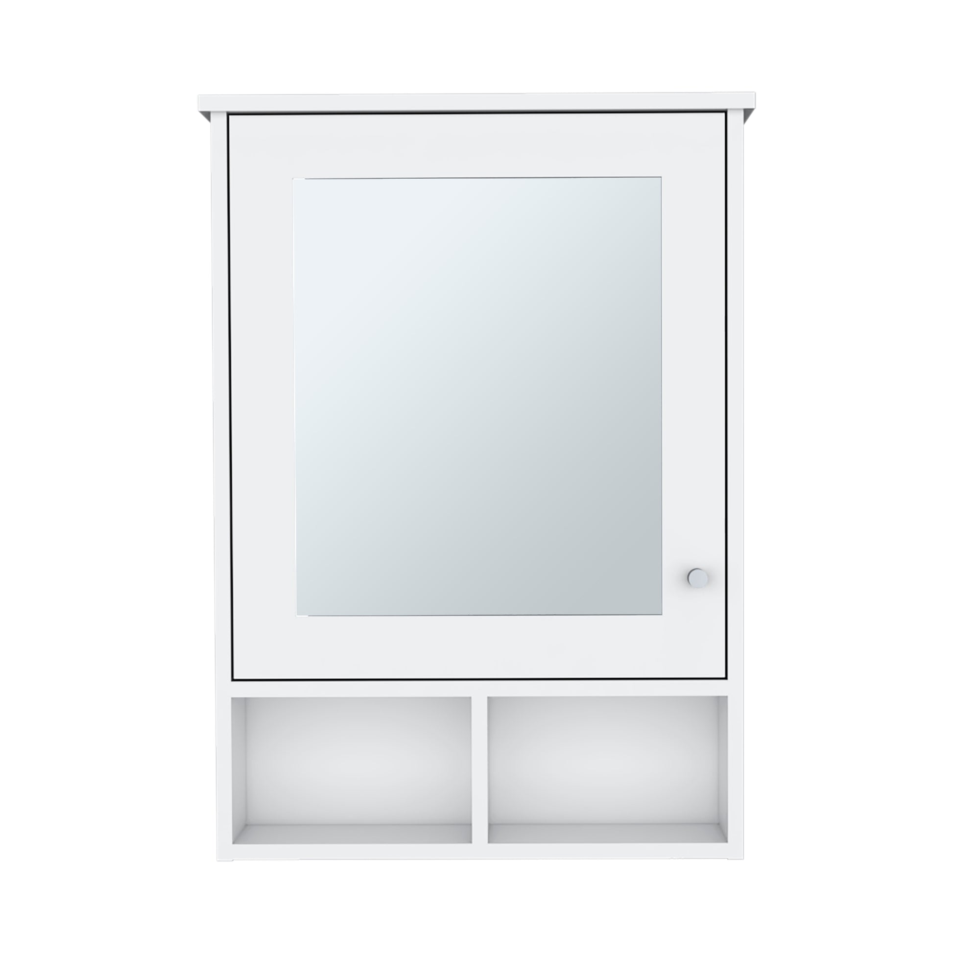 White wooden medicine cabinet with mirrored door and two open shelves