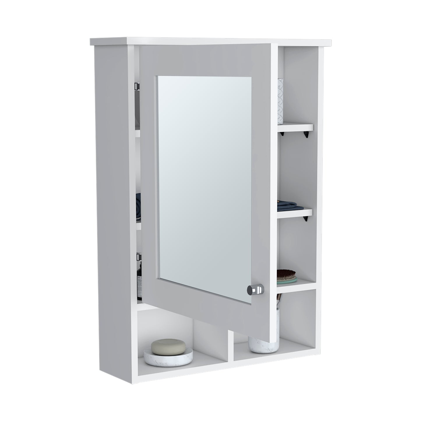 Modern white medicine cabinet with mirrored door and open shelving for bathroom organization