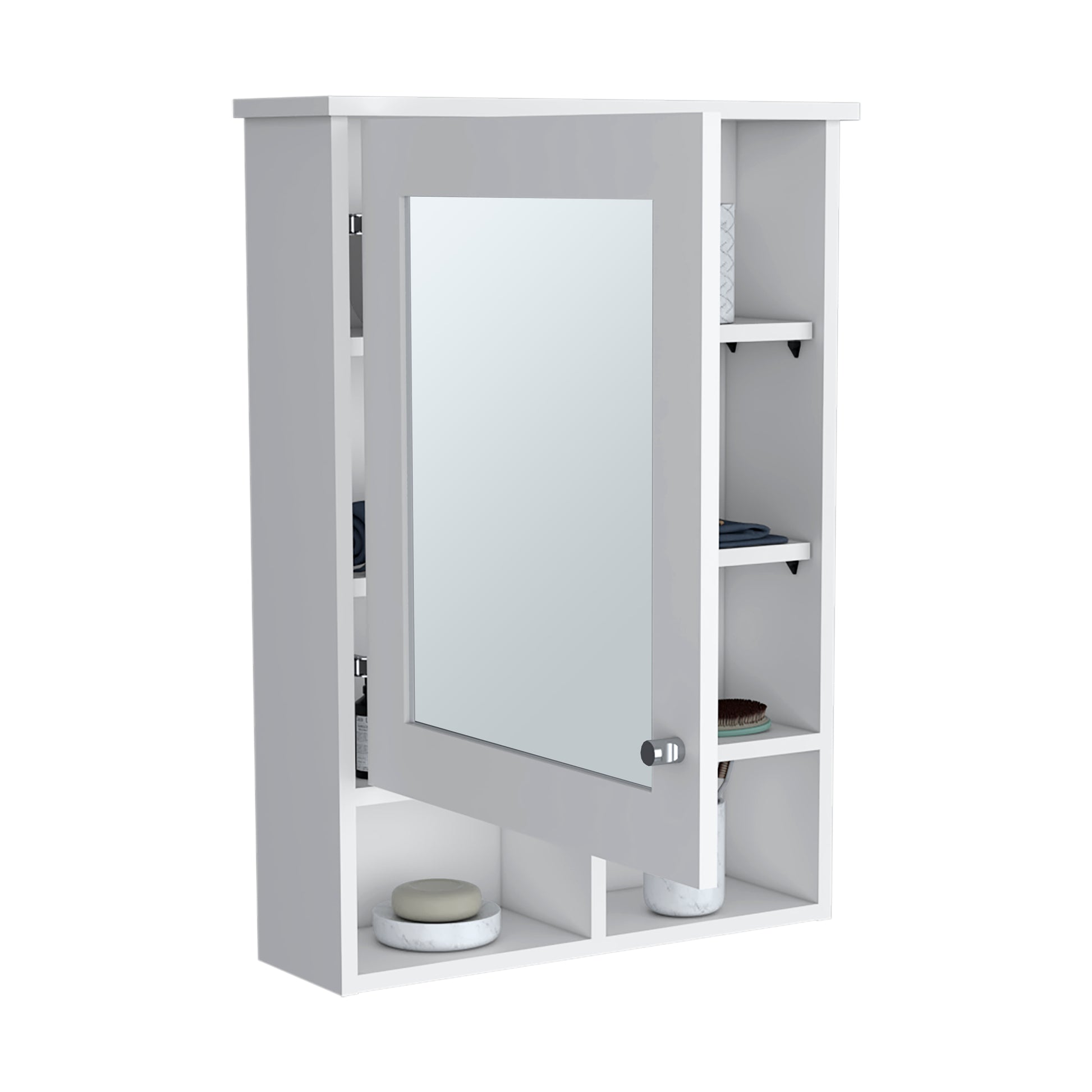 Modern white medicine cabinet with mirrored door and open shelving for bathroom organization