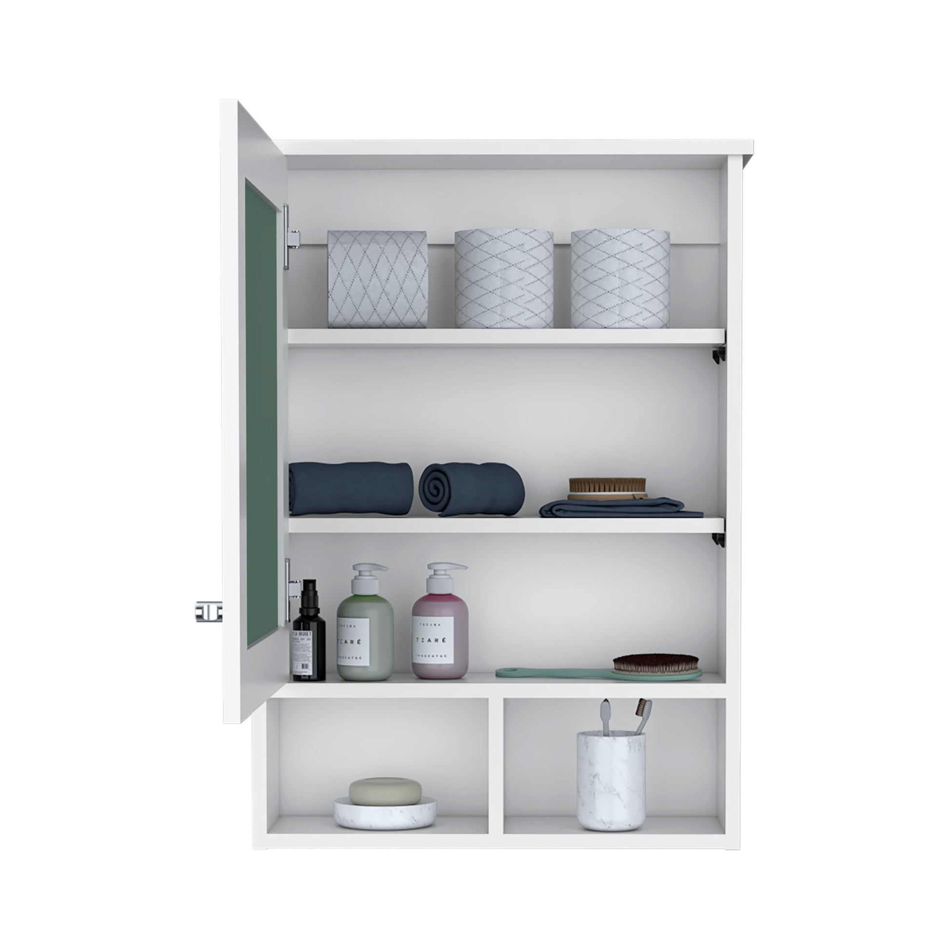White bathroom cabinet with three decorative storage jars on the top shelf