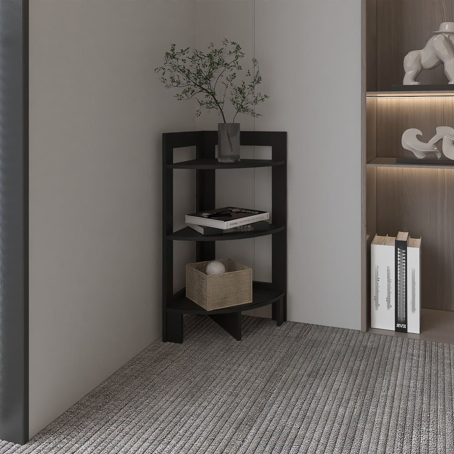 Compact black corner shelf with three tiers perfect for small space organization