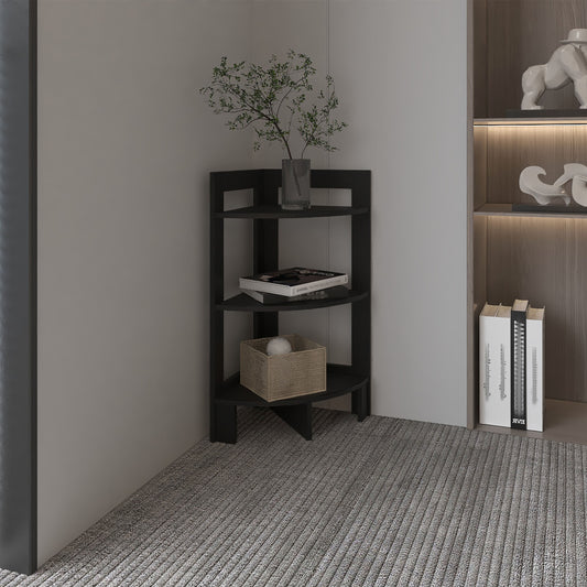 Compact black corner shelf with three tiers perfect for small space organization