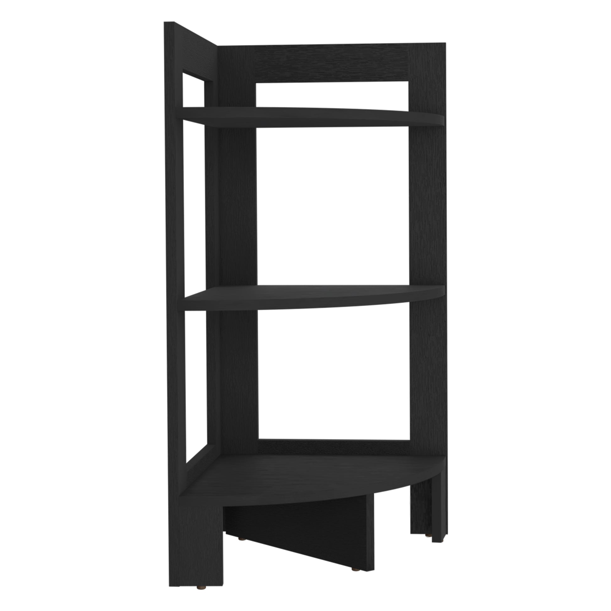 Sleek black wood corner shelf with three tiers for efficient space utilization